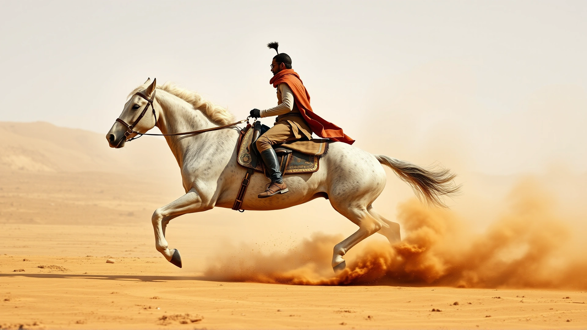 Dynamic shot of a rider cantering across sandy terrain on a Kathiawari horse, dust rising around the hooves to illustrate endurance.