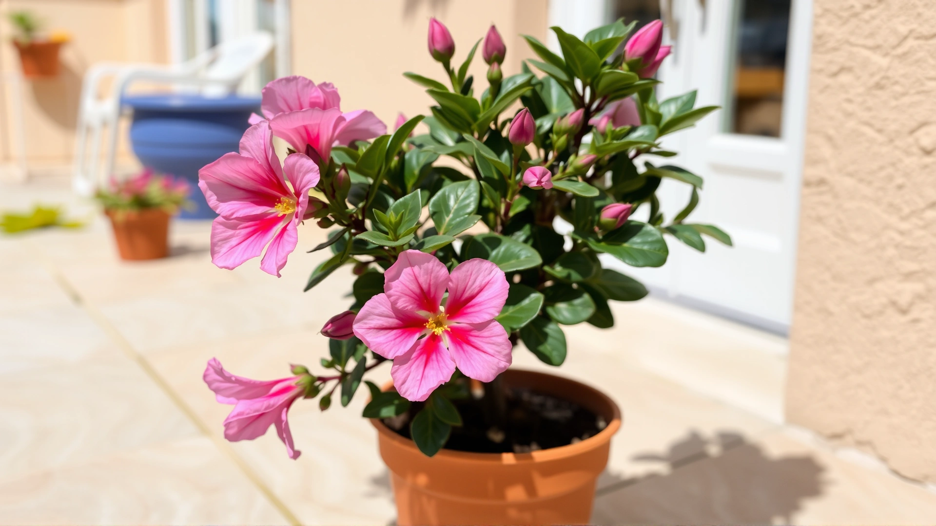 Potted desert rose plant (Adenium obesum) with pink blossoms placed on a sunny patio