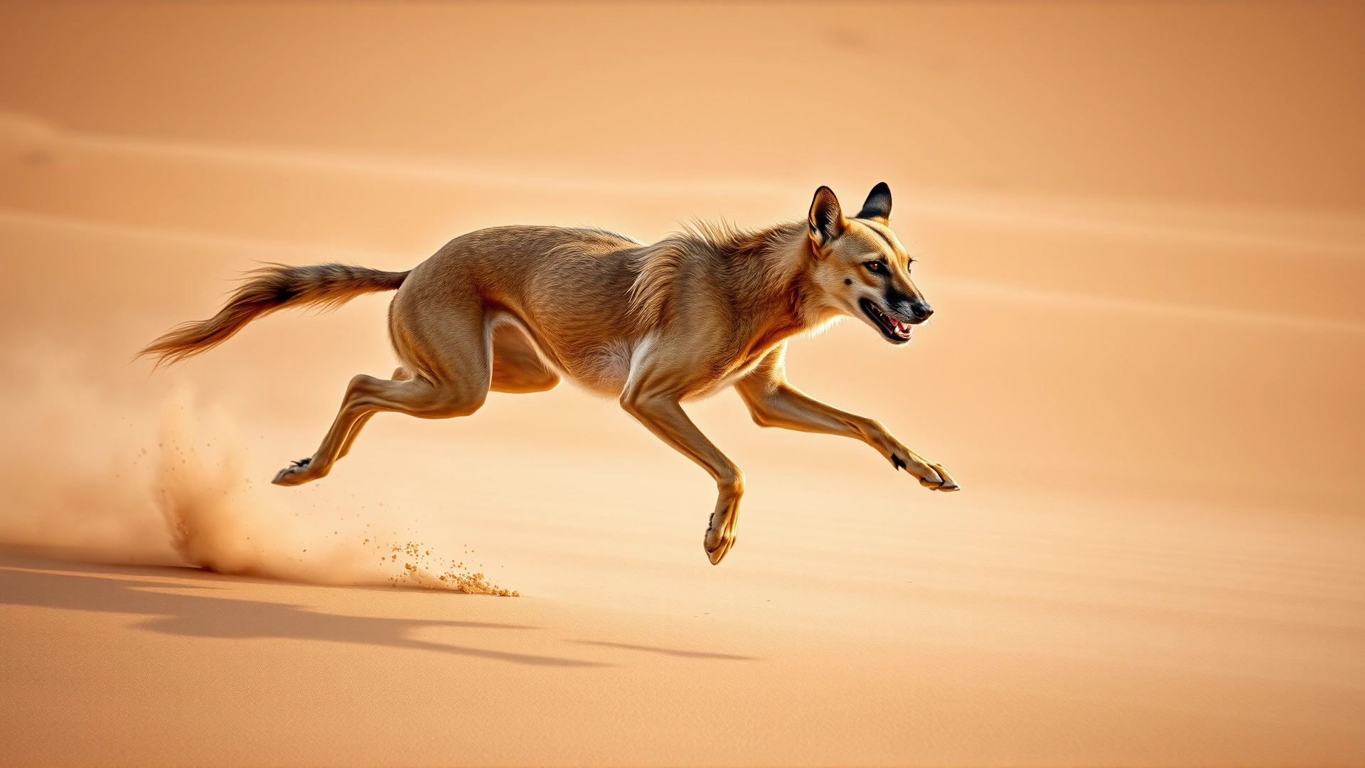 Azawakh sprinting across vast desert sand with grains kicking up beneath its paws, captured in mid-stride