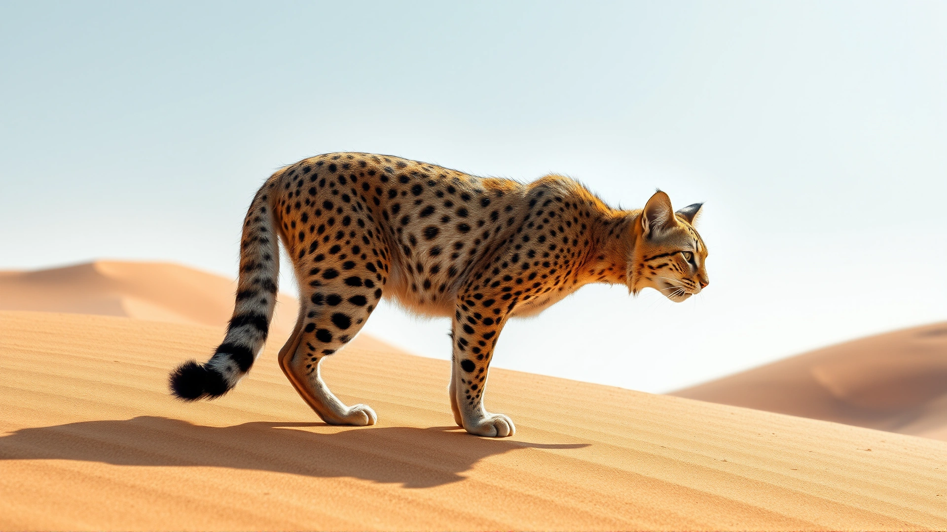 A Middle Eastern wildcat standing on sun-baked desert sand dunes under a bright sky, conveying its arid natural habitat