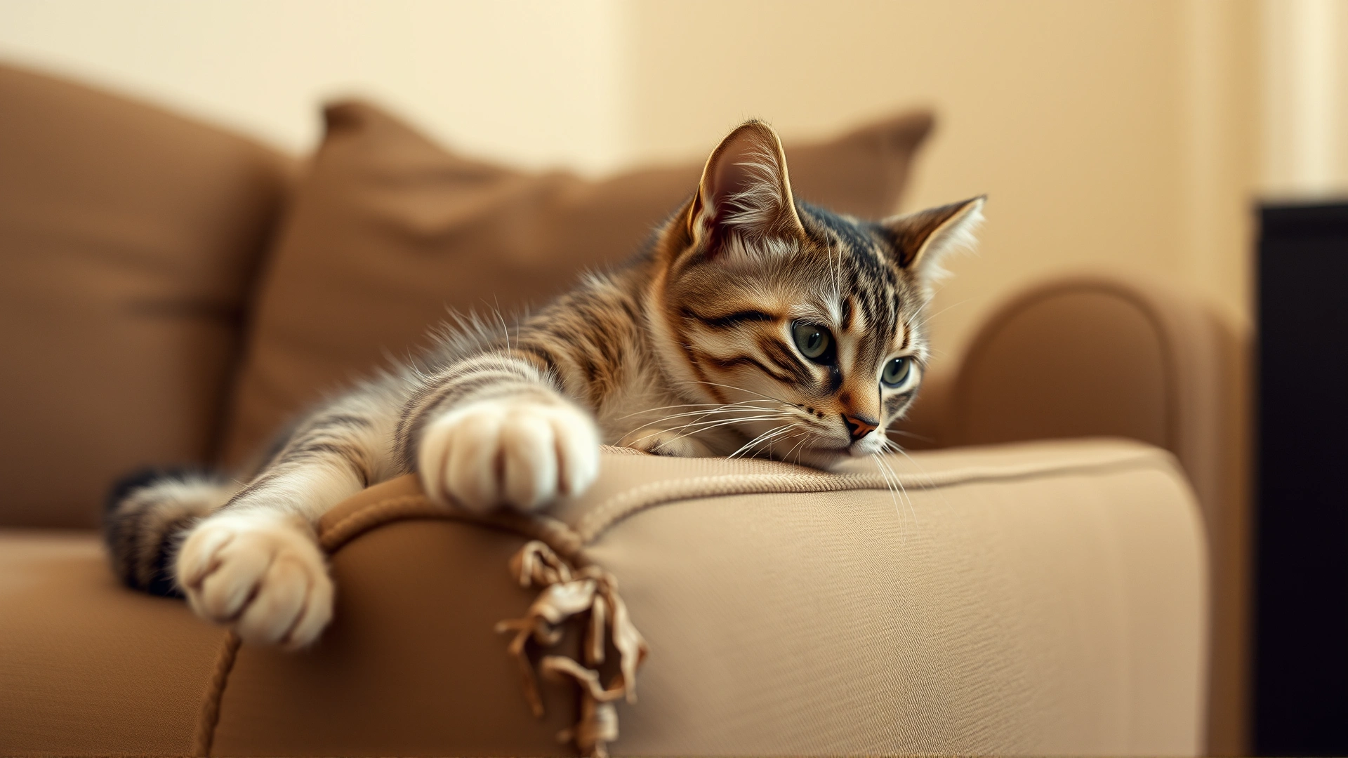Cat scratching the side of a couch with noticeable damage