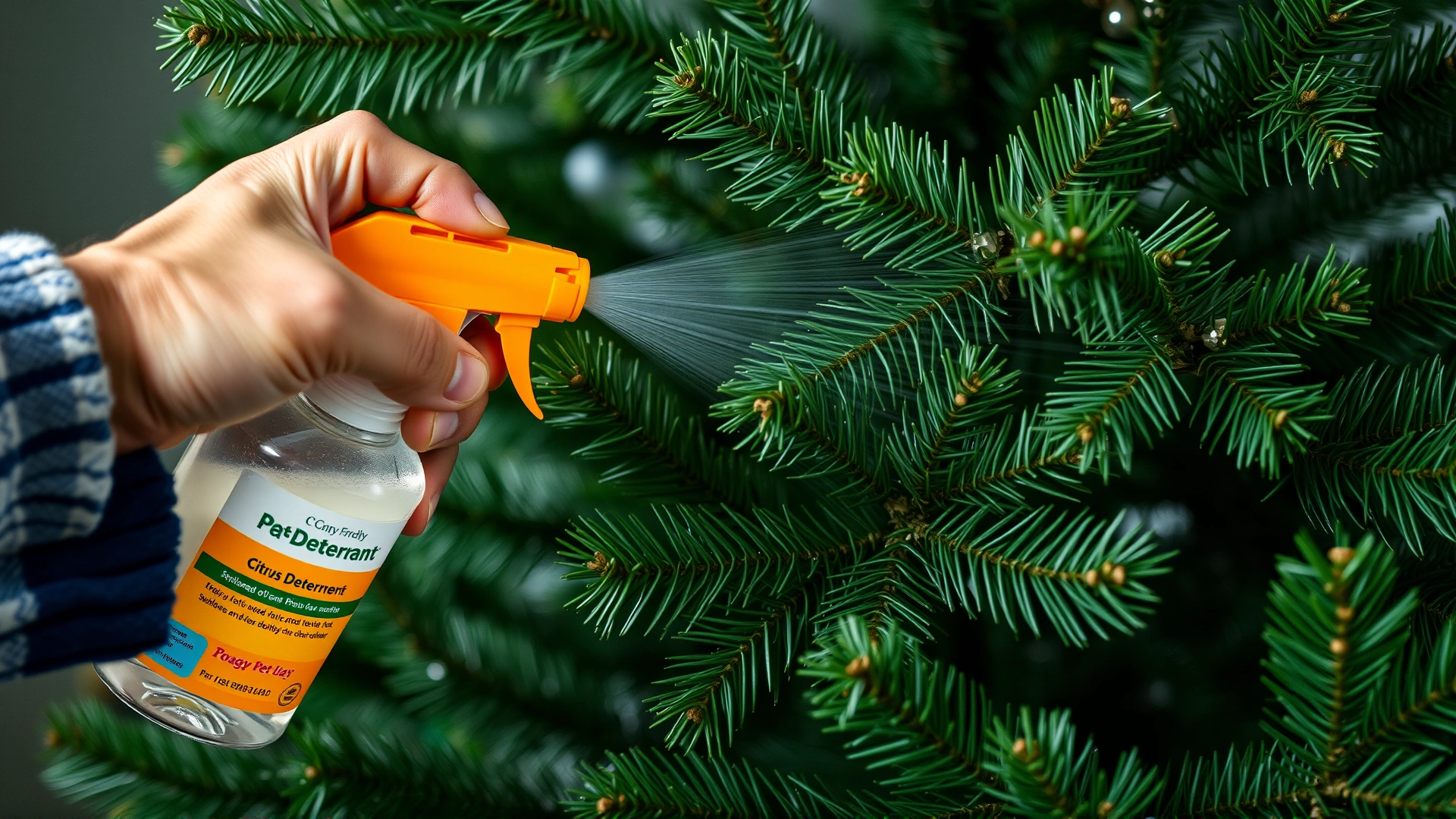 Close-up of a hand spraying a citrus-based pet deterrent onto the lower branches of a Christmas tree.