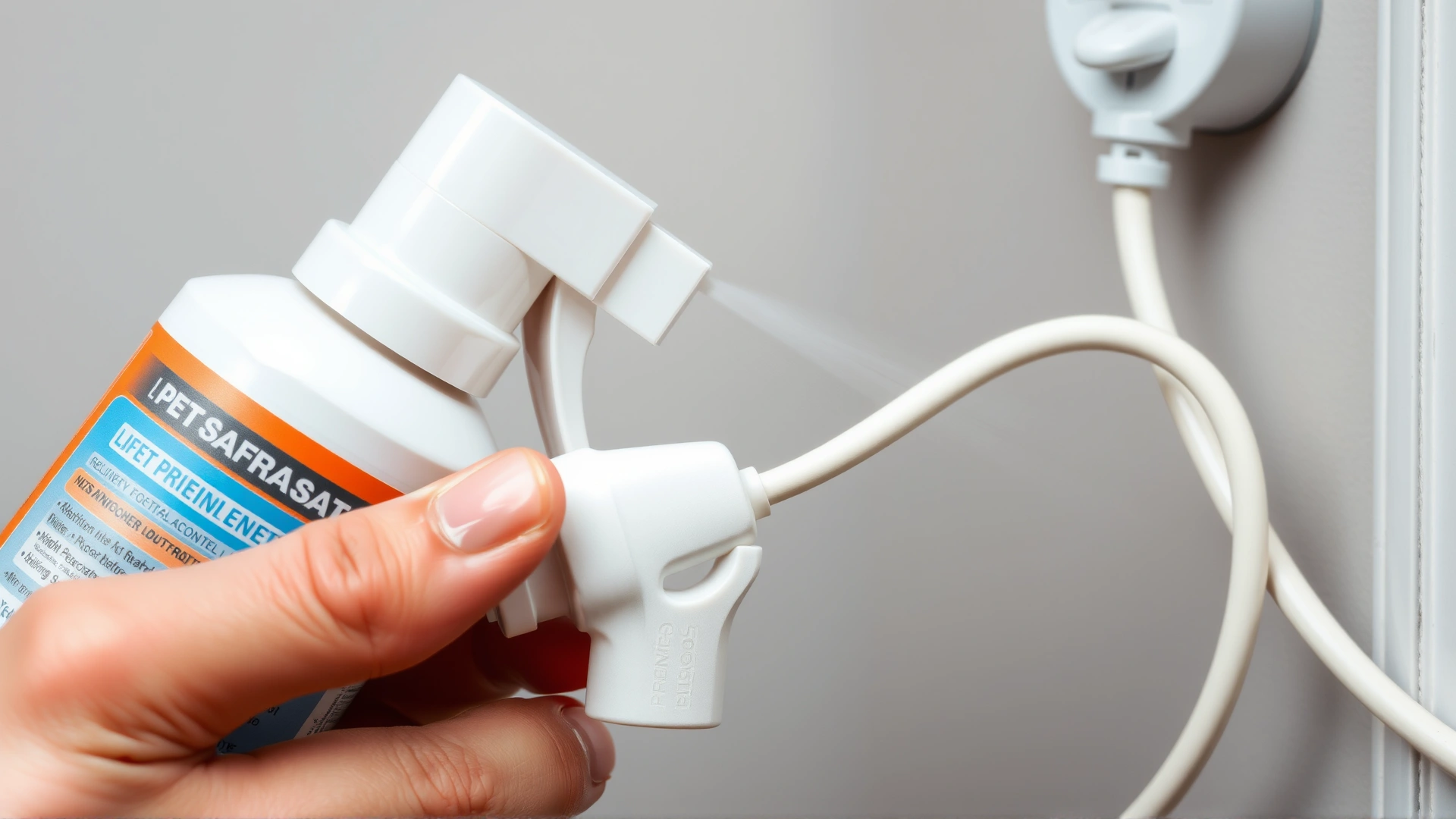 Close-up of a hand applying a pet-safe bitter deterrent spray onto a household electrical cord