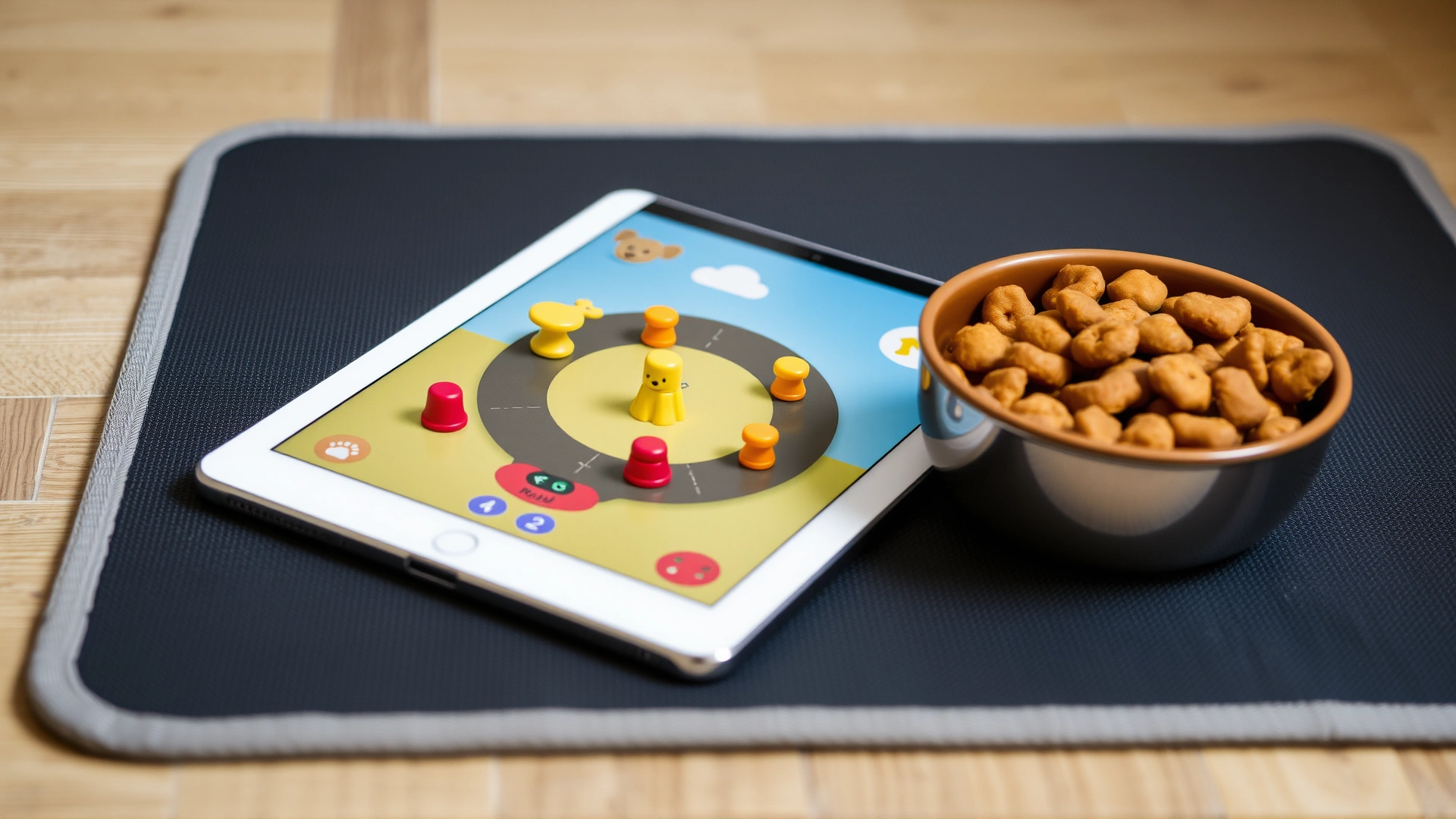 Close-up of a tablet on a non-slip mat with colorful dog game displayed, next to a small bowl of treats