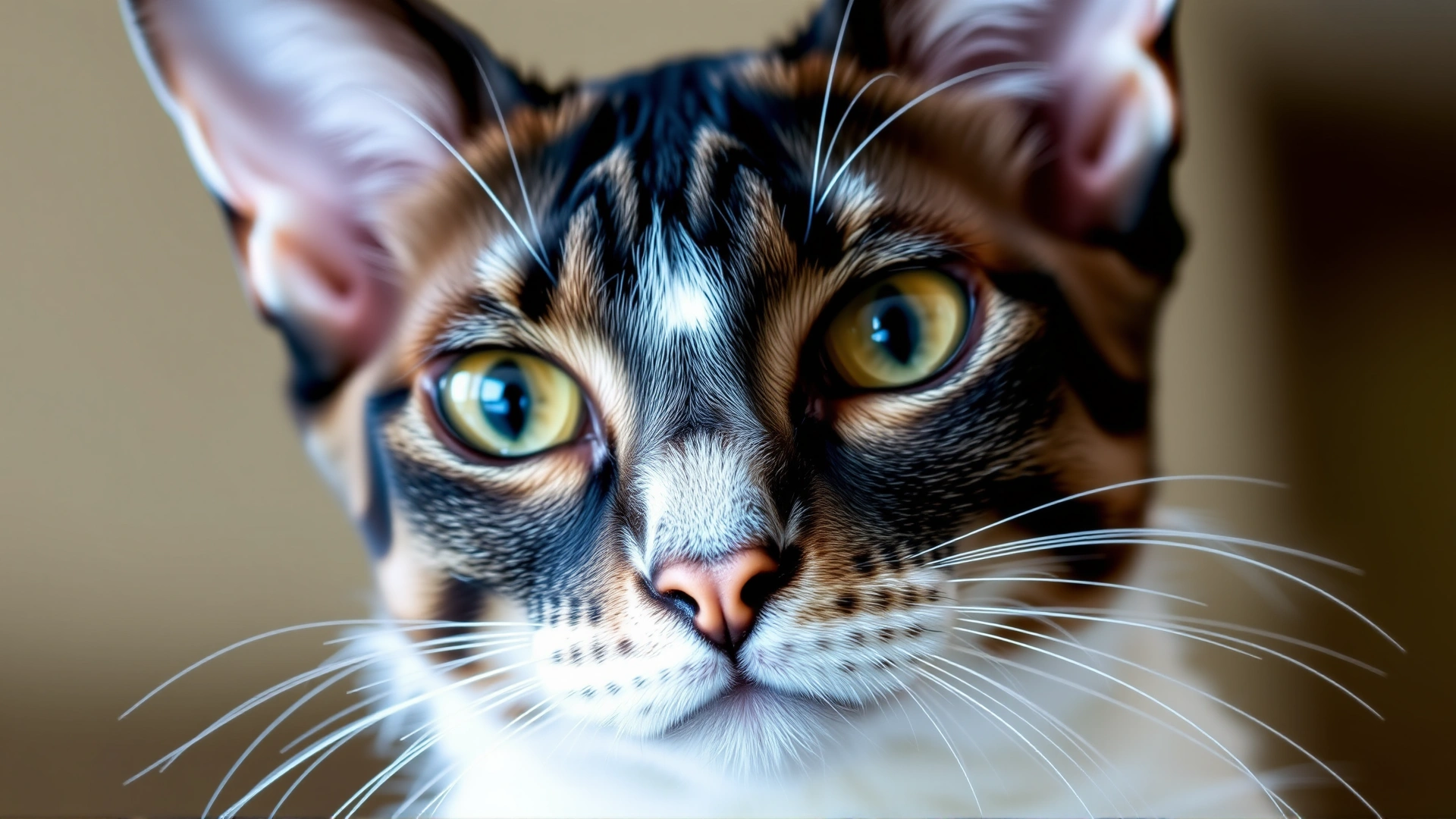 Close-up portrait of a Devon Rex cat highlighting its large ears, curly whiskers, and distinctive wavy fur, neutral blurred background