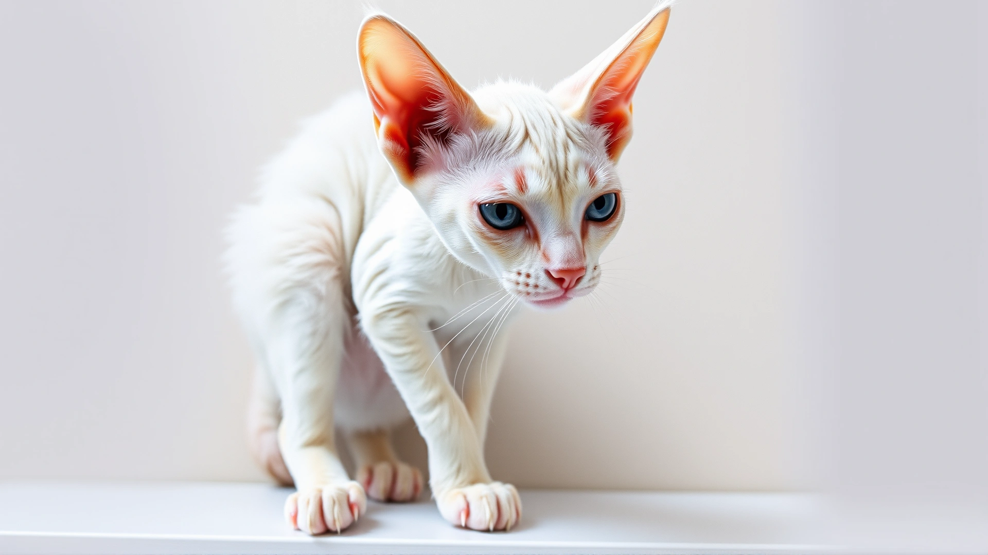 White Devon Rex cat perched on a shelf with its unique wavy fur and large ears, no text