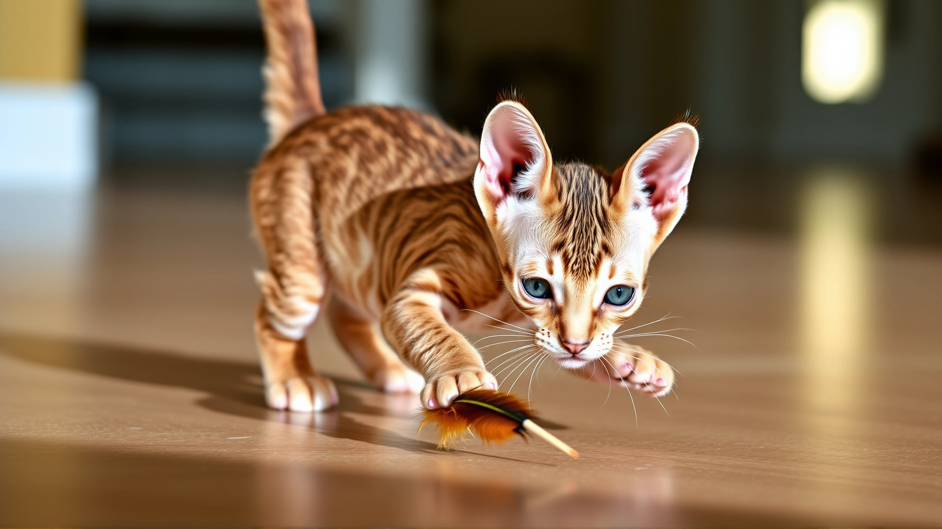 Playful Devon Rex kitten with wavy short coat and large ears chasing a feather toy on a wooden floor, natural daylight.