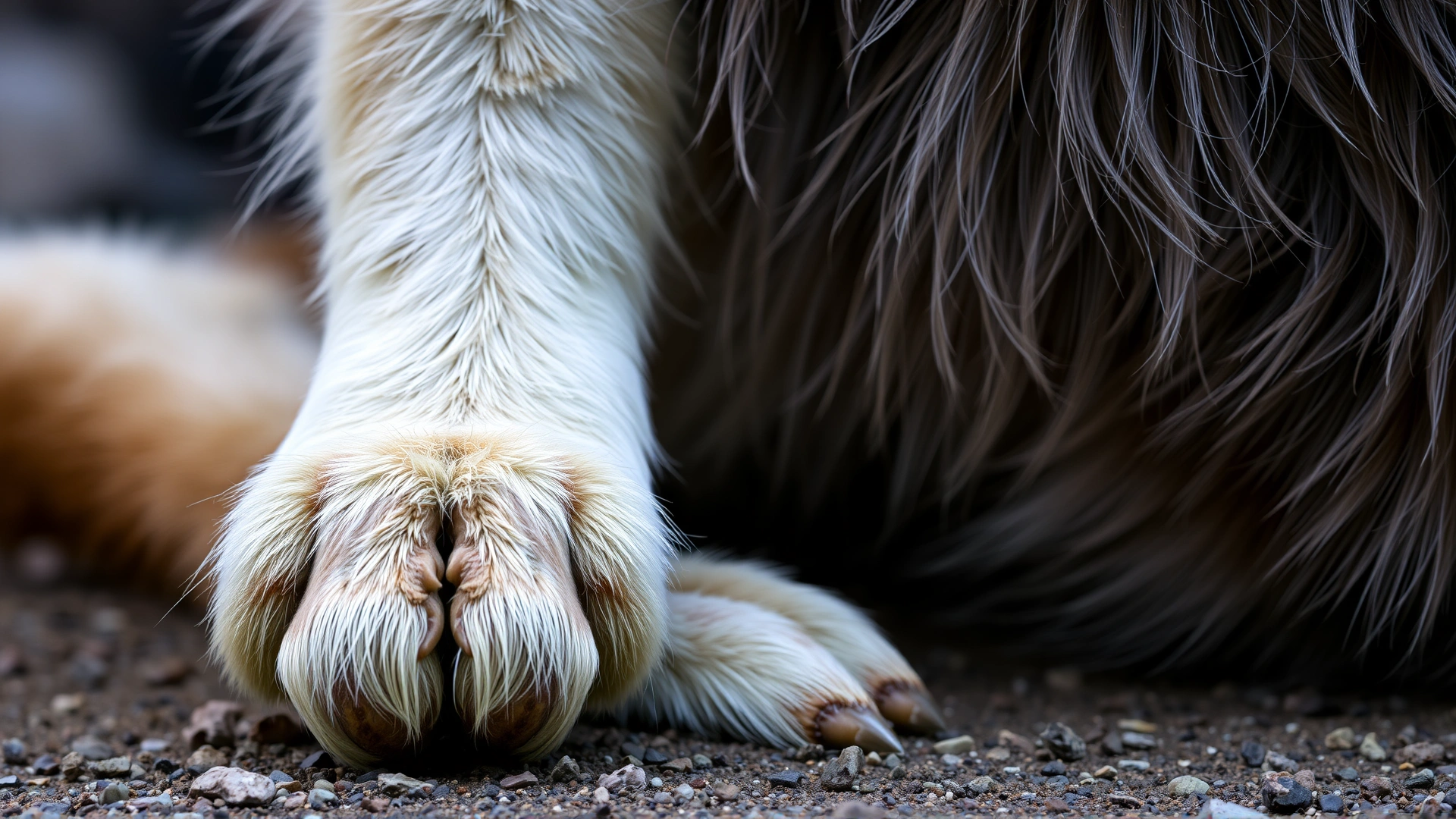 Close-up of an Estrela Mountain Dog's hind leg showing the characteristic double dewclaws nestled in thick fur.