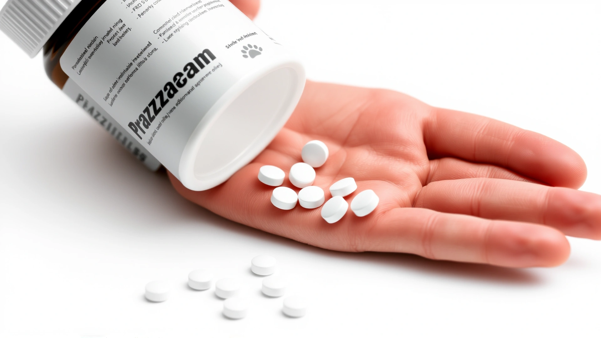 Close-up of a human hand holding small white praziquantel tablets next to an unbranded pill bottle with a simple paw print, clean white background, no text
