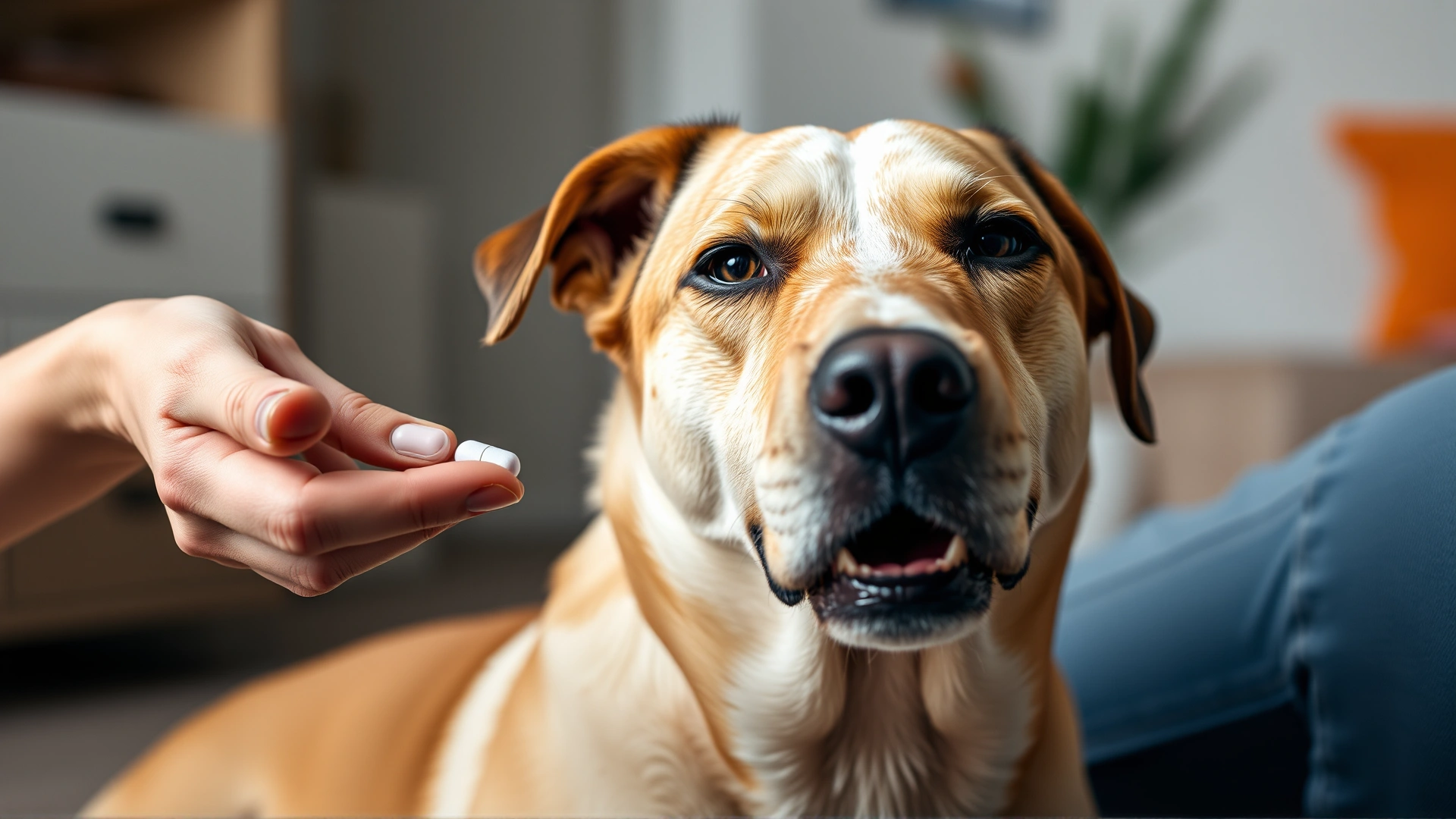 Owner giving a deworming tablet to a calm dog at home, close-up on hand and pill near the dog’s mouth.