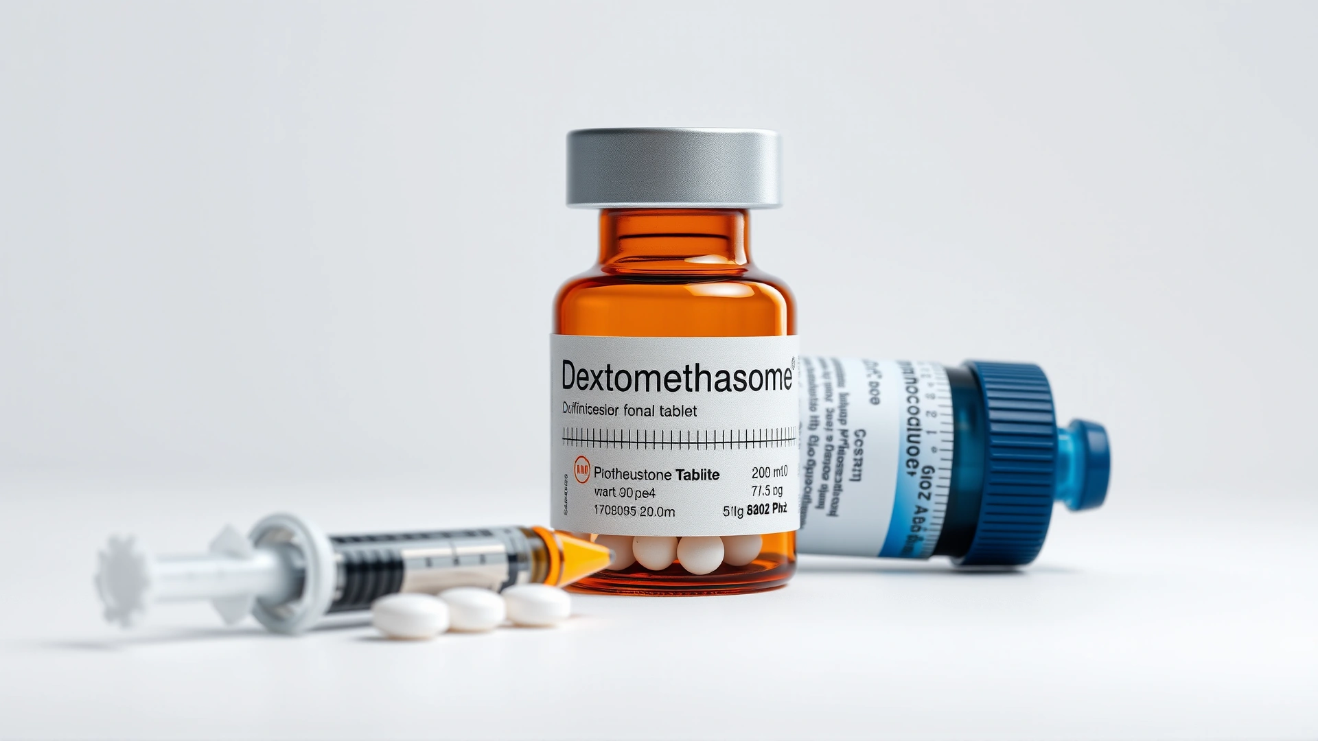 Studio shot of a dexamethasone tablet bottle and a pre-filled syringe on a clean white background