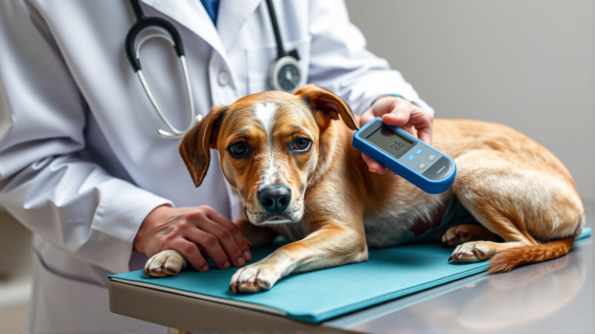Veterinarian using a glucometer to check a dog's blood sugar levels on an examination table