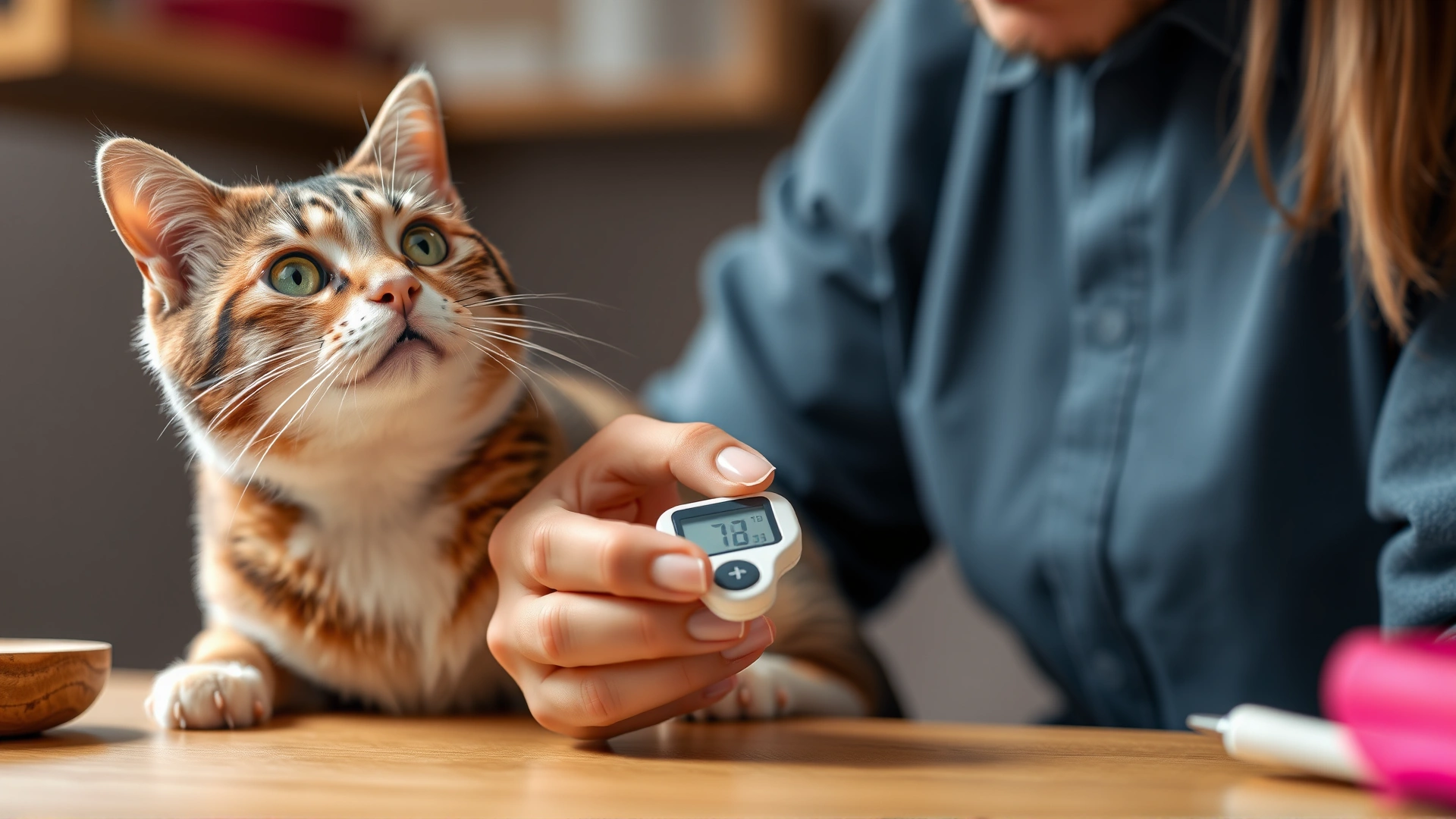 A cat owner using a glucometer to check their cat's blood glucose level at home.