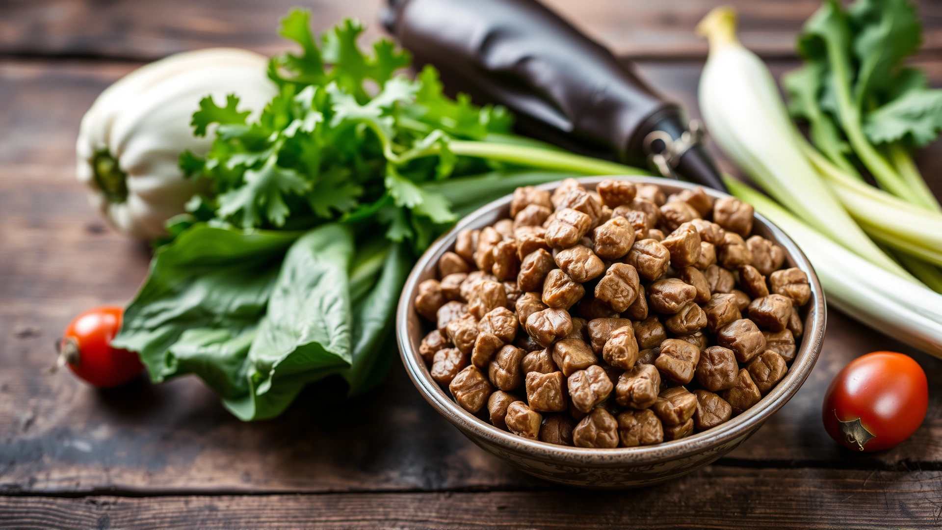 Bowl of balanced high-fiber dog food with fresh vegetables arranged on a rustic wooden table