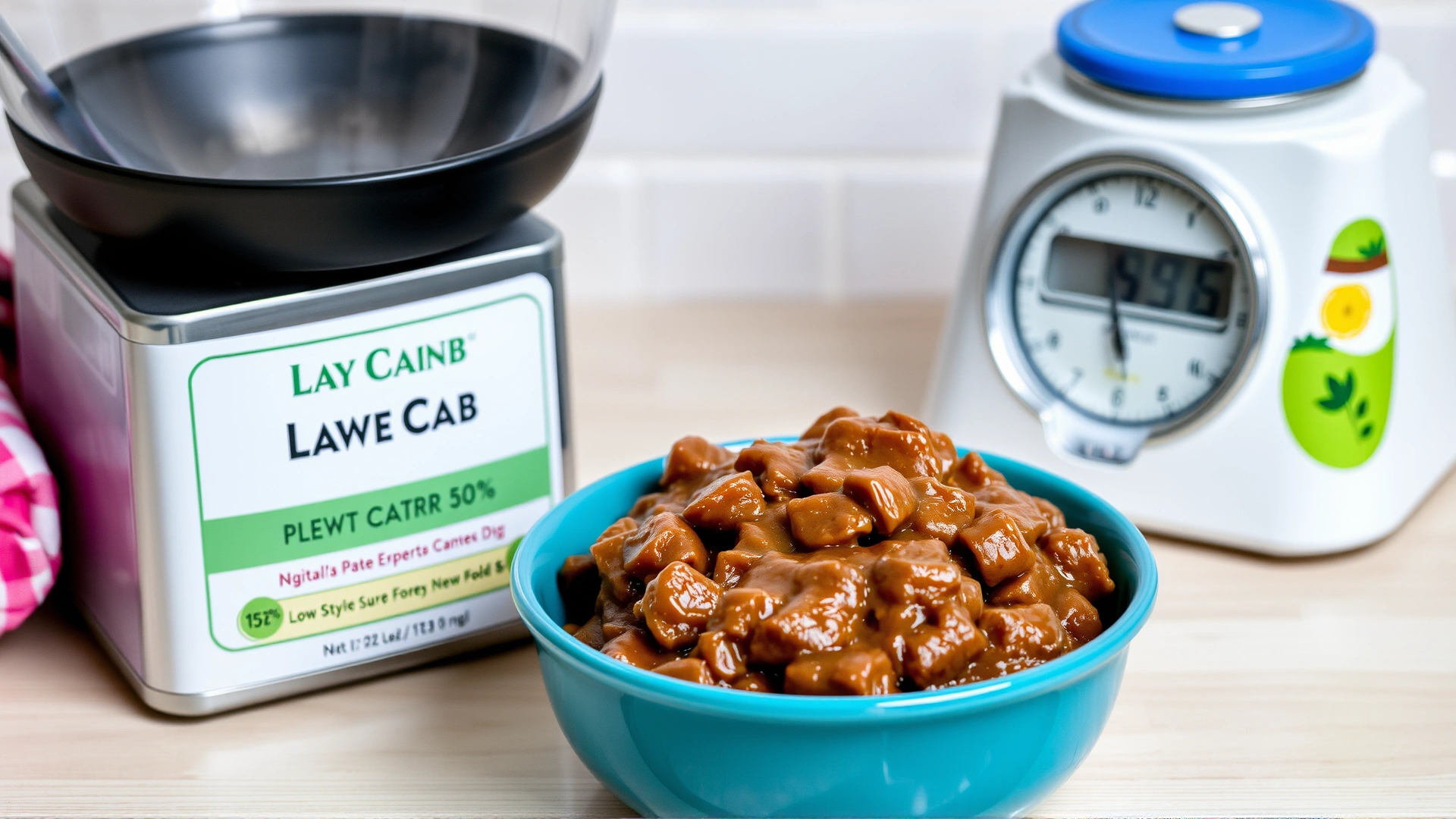 Bowl of pate-style wet cat food next to a low-carb label and a kitchen scale, emphasizing feline diabetic diet