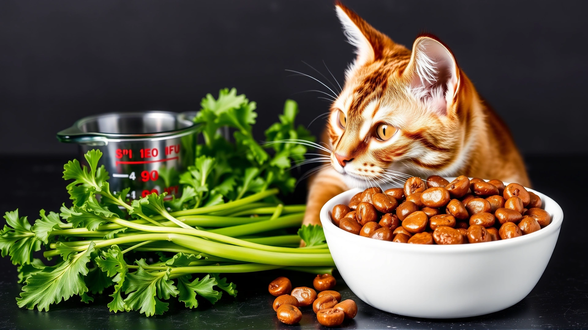 Bowl of high-protein wet cat food beside fresh greens and measuring cup, emphasizing diet management for diabetic cats