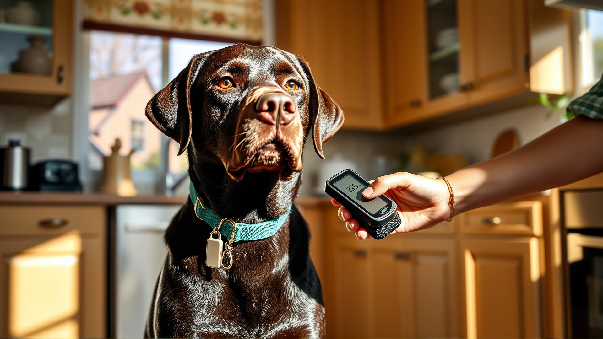 Chocolate Labrador delivering a glucose meter pouch to a young adult in a sun-lit kitchen, morning atmosphere.