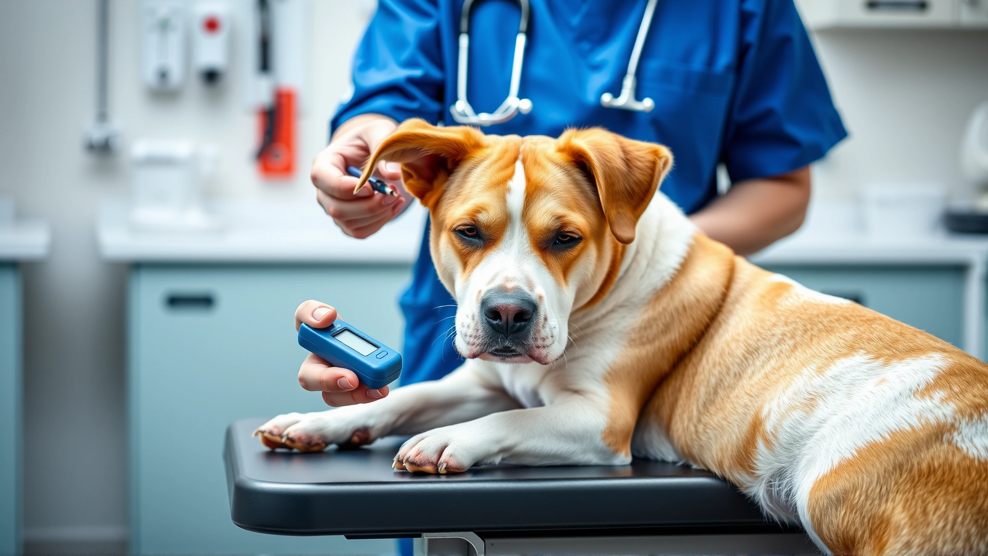 Veterinarian checking a dog’s blood glucose with a handheld glucometer, calm dog on exam table, veterinary clinic background