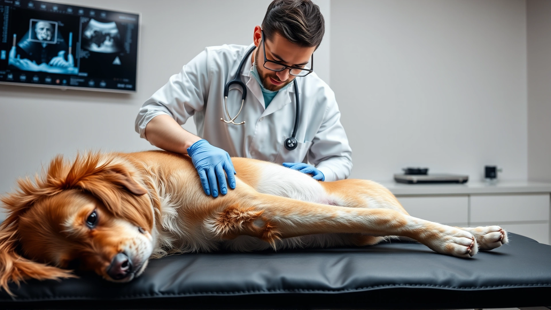 Veterinarian performing an abdominal ultrasound on a relaxed dog in a modern clinic setting