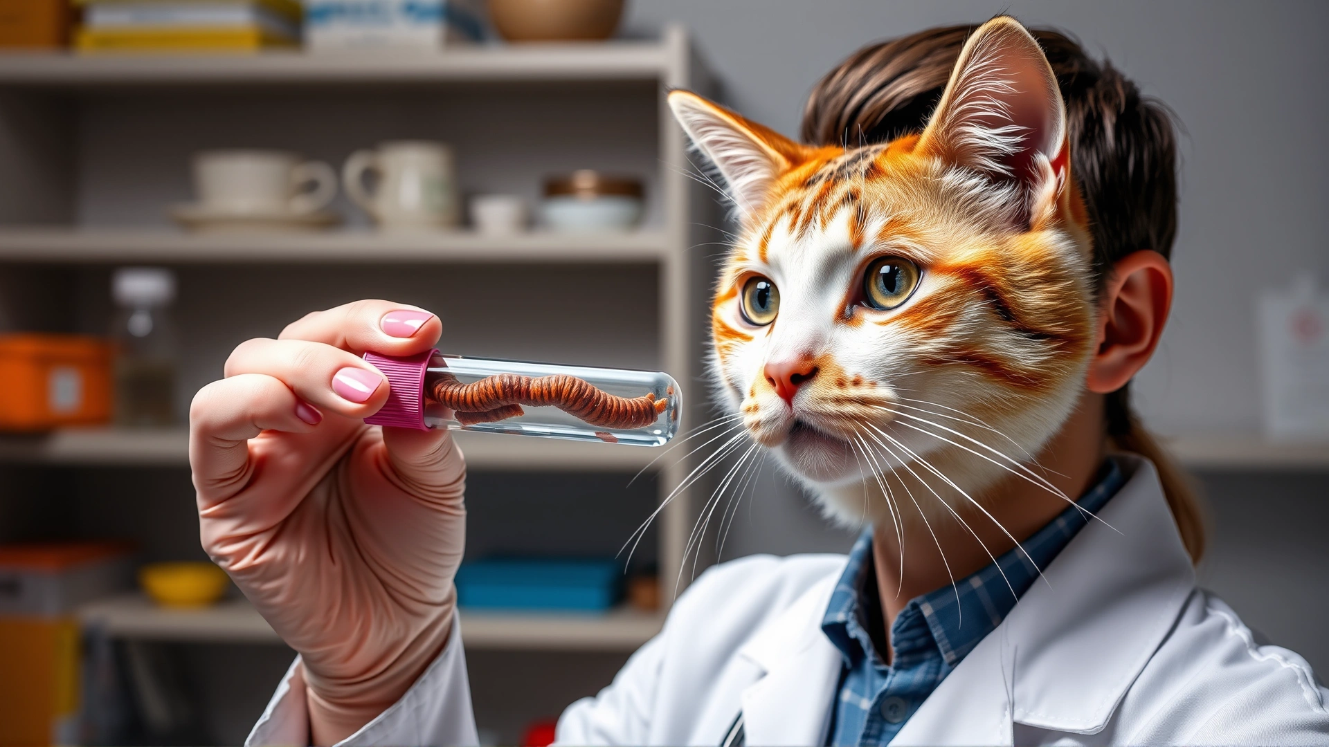 Veterinarian holding a test tube with a feline fecal sample in a lab setting, representing diagnostic testing for worms.