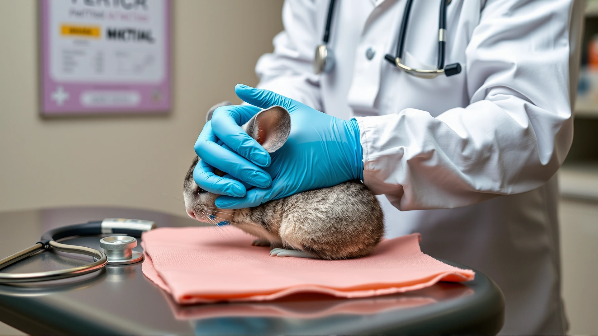 Veterinarian gently palpating a chinchilla’s abdomen on an examination table, wearing gloves and stethoscope nearby, clinical setting, no text or graphics