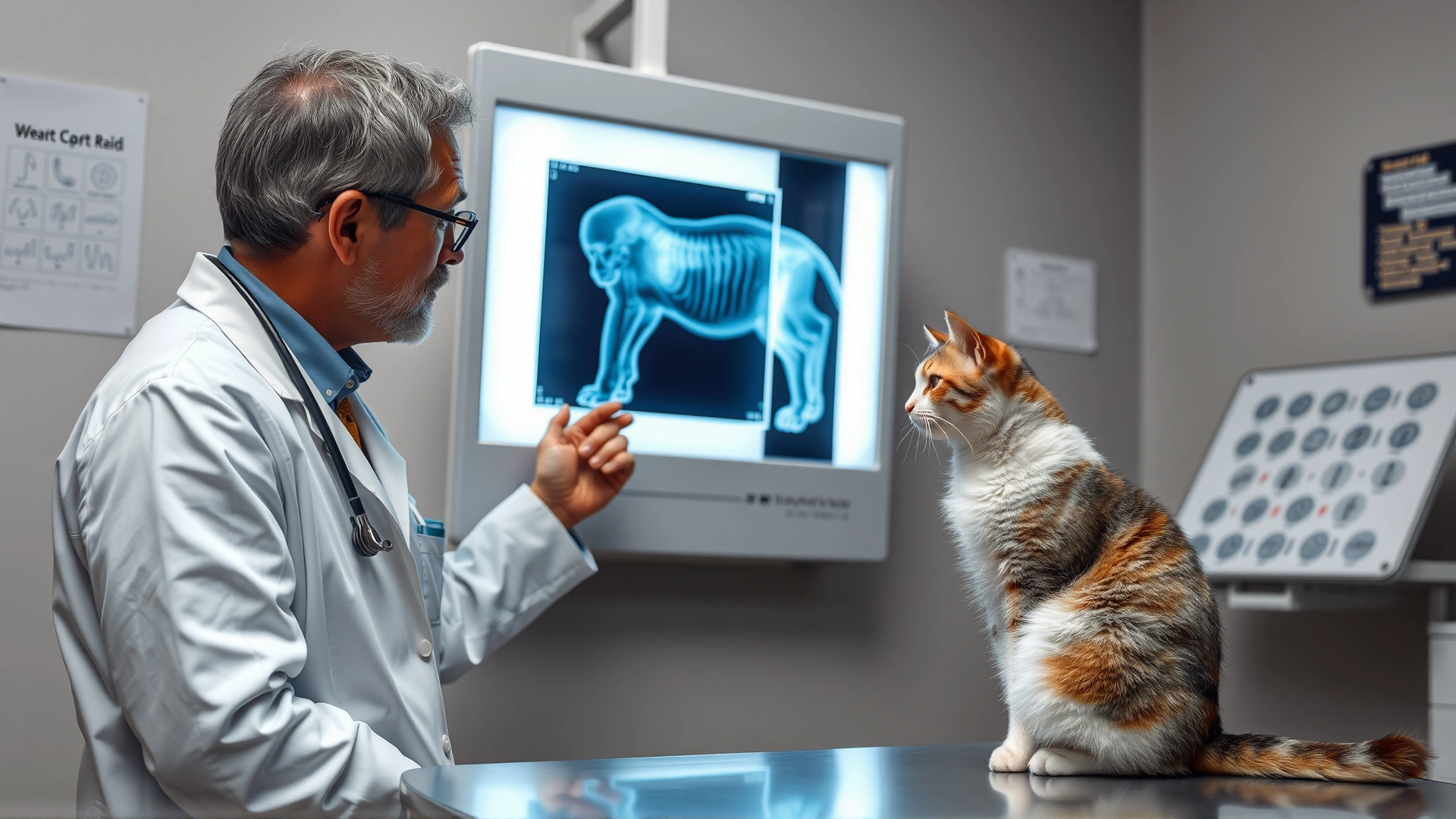 Veterinarian reviewing an X-ray of a cat on a lightbox with the cat waiting on the exam table, illustrating diagnostic procedures.