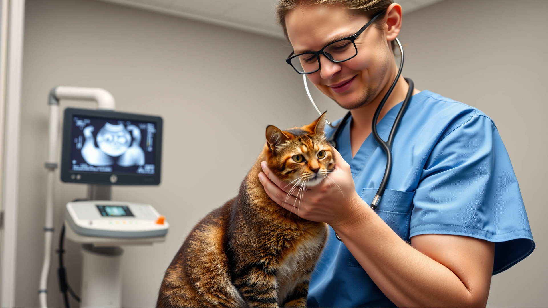 Veterinarian wearing scrubs gently examining a cat with a stethoscope and an ultrasound machine visible in the background, in a well-lit clinic room.