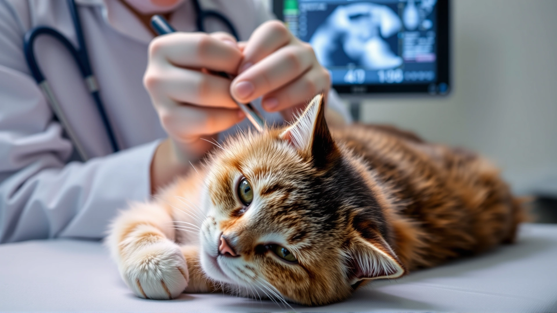 Veterinarian performing an abdominal ultrasound on a calm cat lying on its side, medical monitor blurred in background