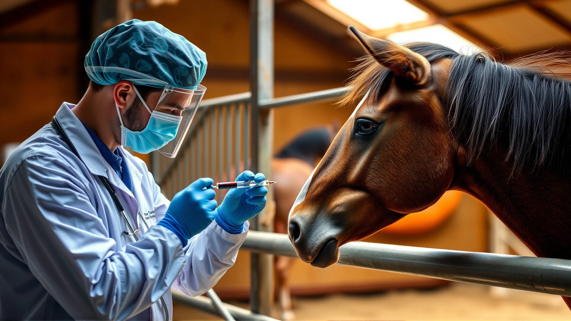 Veterinarian drawing blood from a calm horse inside a stable for diagnostic testing of metabolic disorders