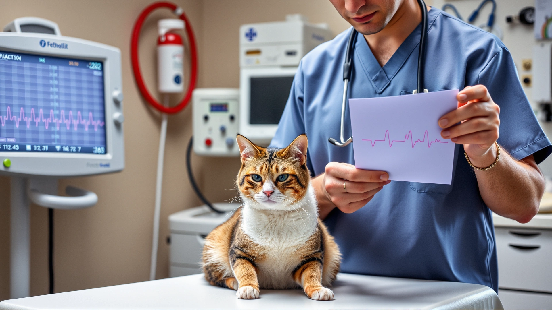 Veterinarian in scrubs reviewing an ECG printout beside a cat on an examination table, medical devices in background