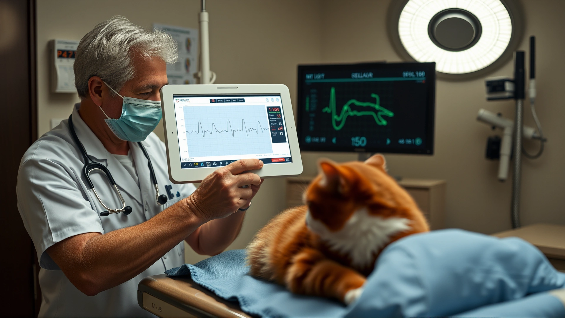 Veterinarian reviewing an ECG printout beside an anesthetized cat in a modern clinic, realistic photo