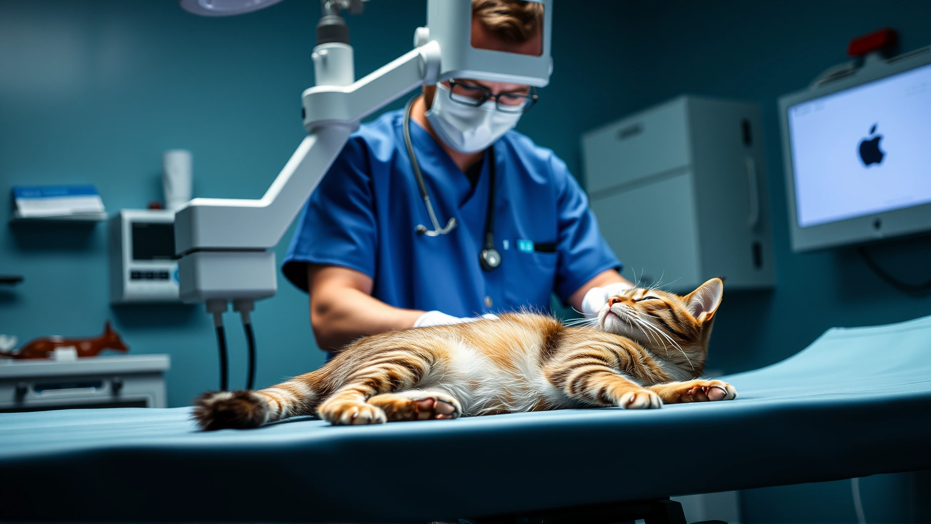 Veterinarian wearing scrubs operating an endoscopy machine while an anesthetized cat lies on the table, focused clinical environment