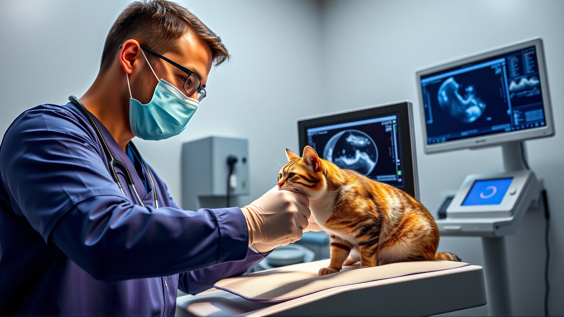 Veterinarian performing ultrasound on a cat in a modern vet clinic, no text
