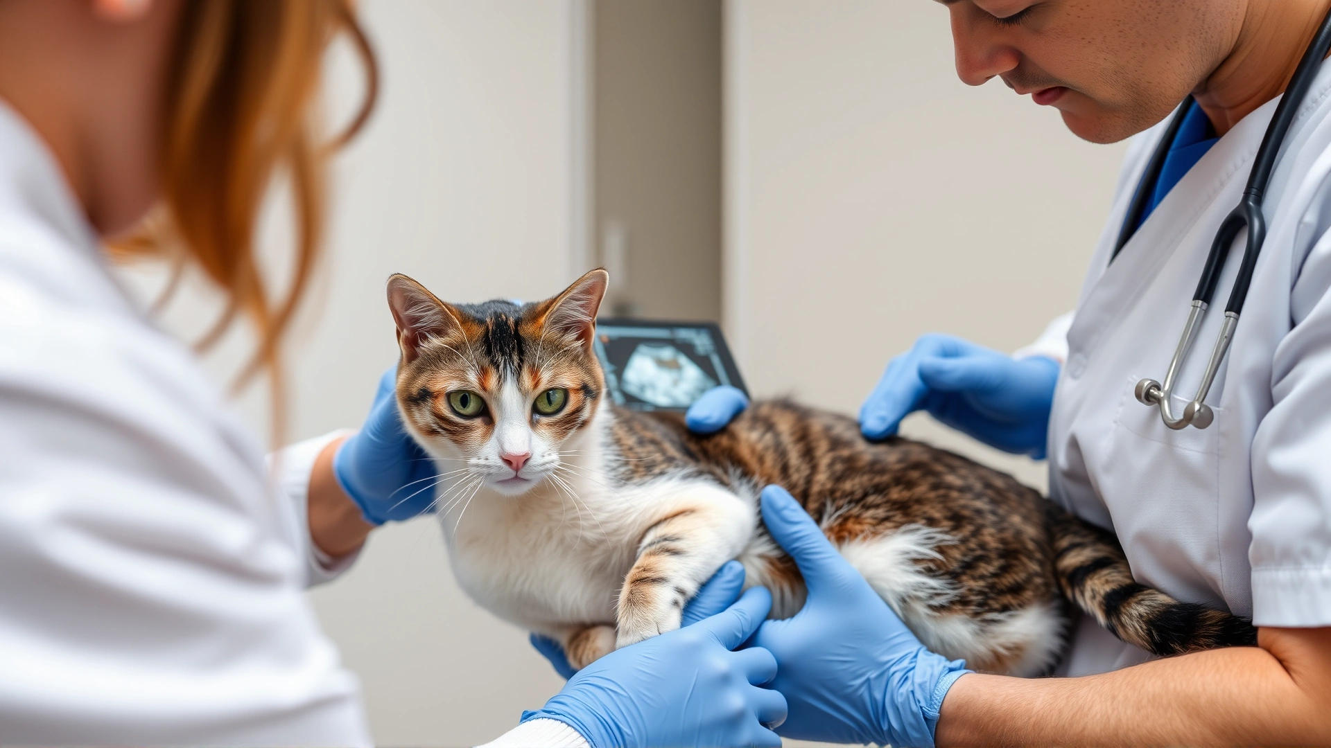 Veterinarian using an ultrasound device on a cat’s abdomen while an assistant holds the cat, demonstrating diagnostic procedures.