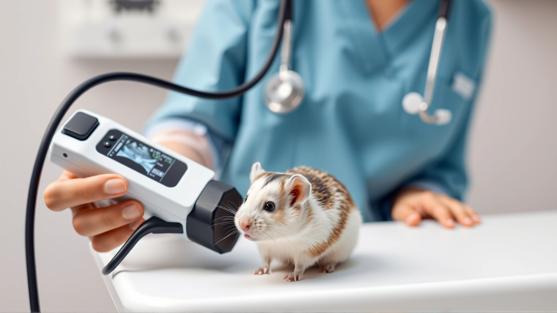 Veterinarian using a stethoscope and handheld ultrasound device to examine a hamster on a white examination table