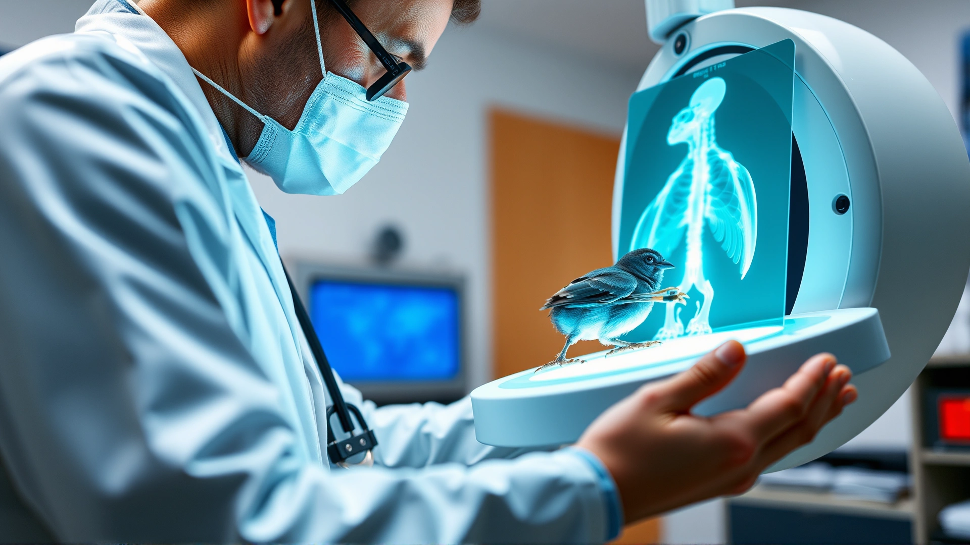 Veterinarian performing an X-ray scan on a small bird; the device and the bird are in focus, clinic environment, no text.