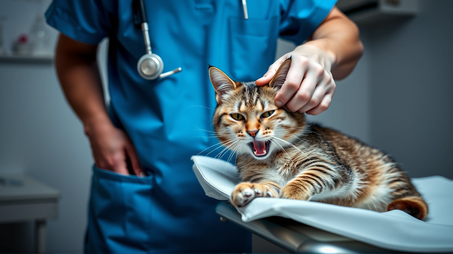 Veterinarian wearing blue scrubs using a small flashlight to examine the inside of a cat's mouth on an examination table.