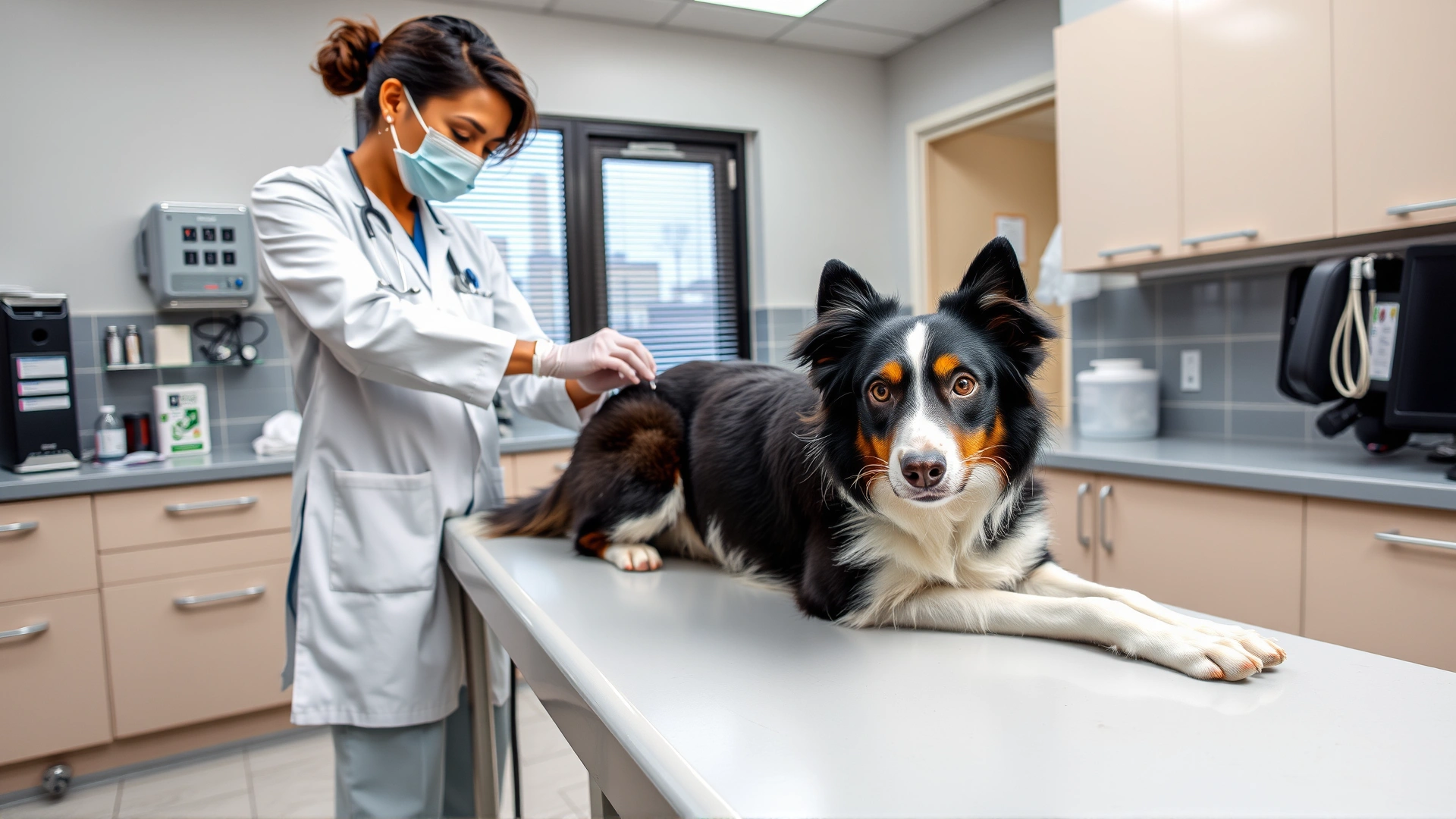 Modern veterinary clinic setting where a veterinarian is drawing blood from a calm Border Collie on the exam table; clean and professional atmosphere