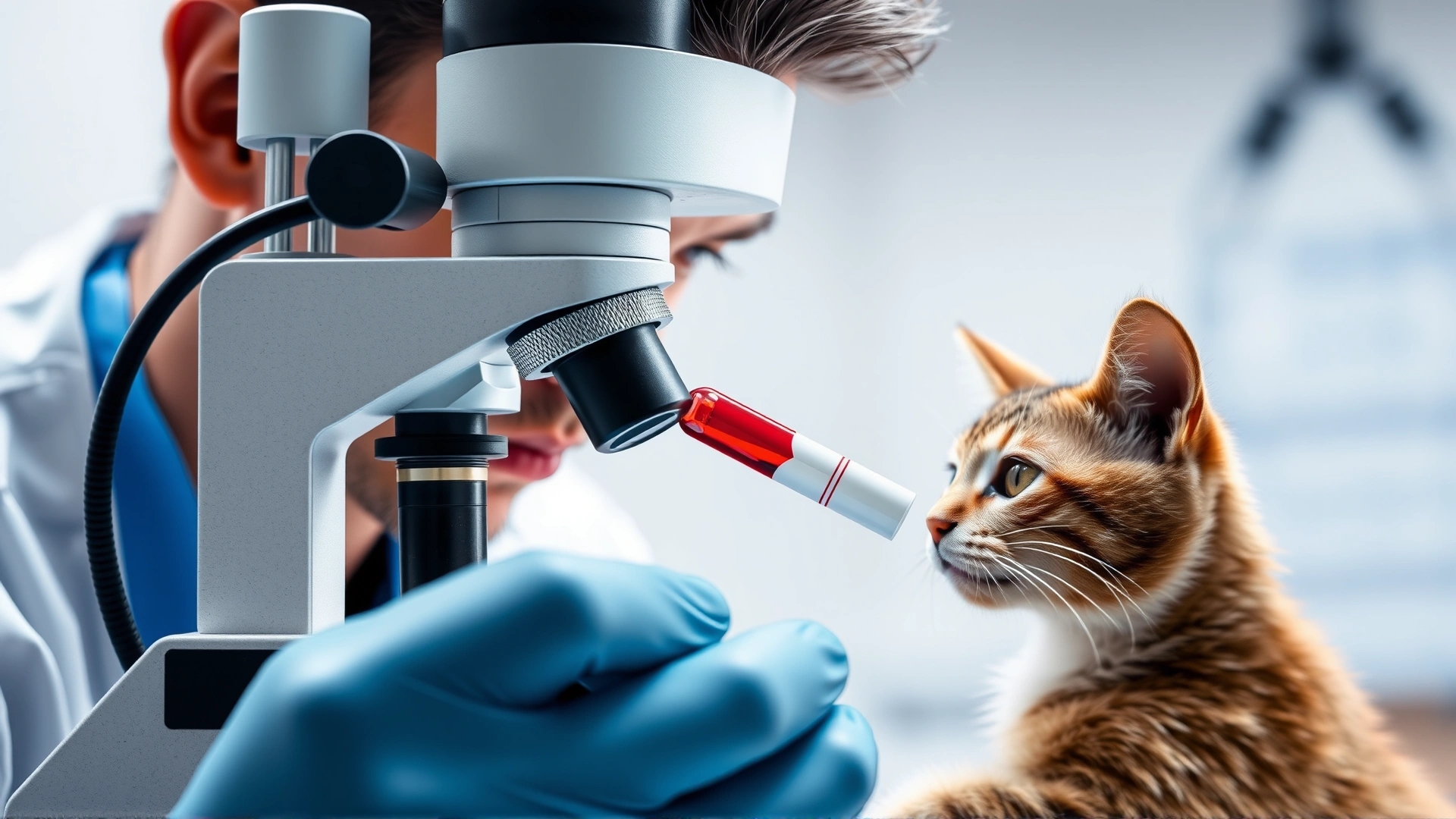 Veterinarian analyzing a cat's blood sample under a microscope in a clinic setting, close-up on slide and eyepiece.