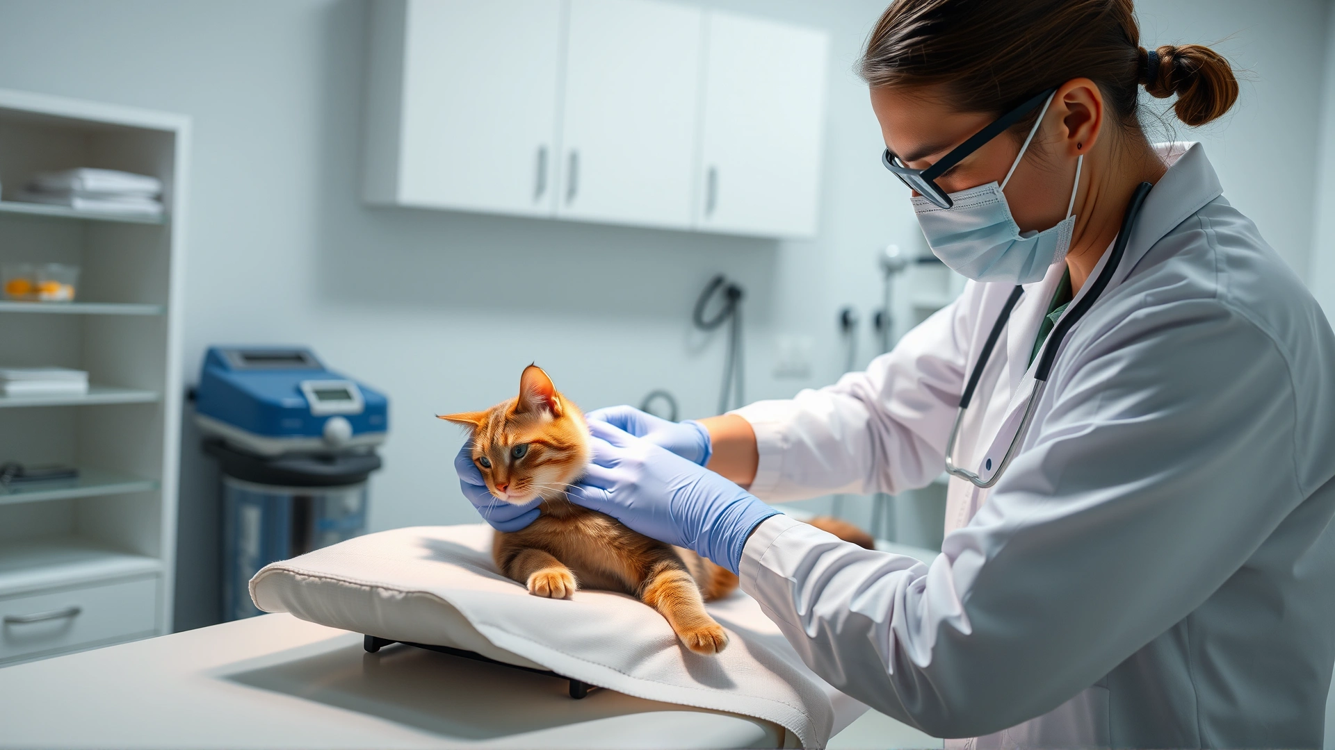Veterinarian drawing blood from a calm cat on an exam table in a modern veterinary clinic, focus on the procedure and sterile environment.