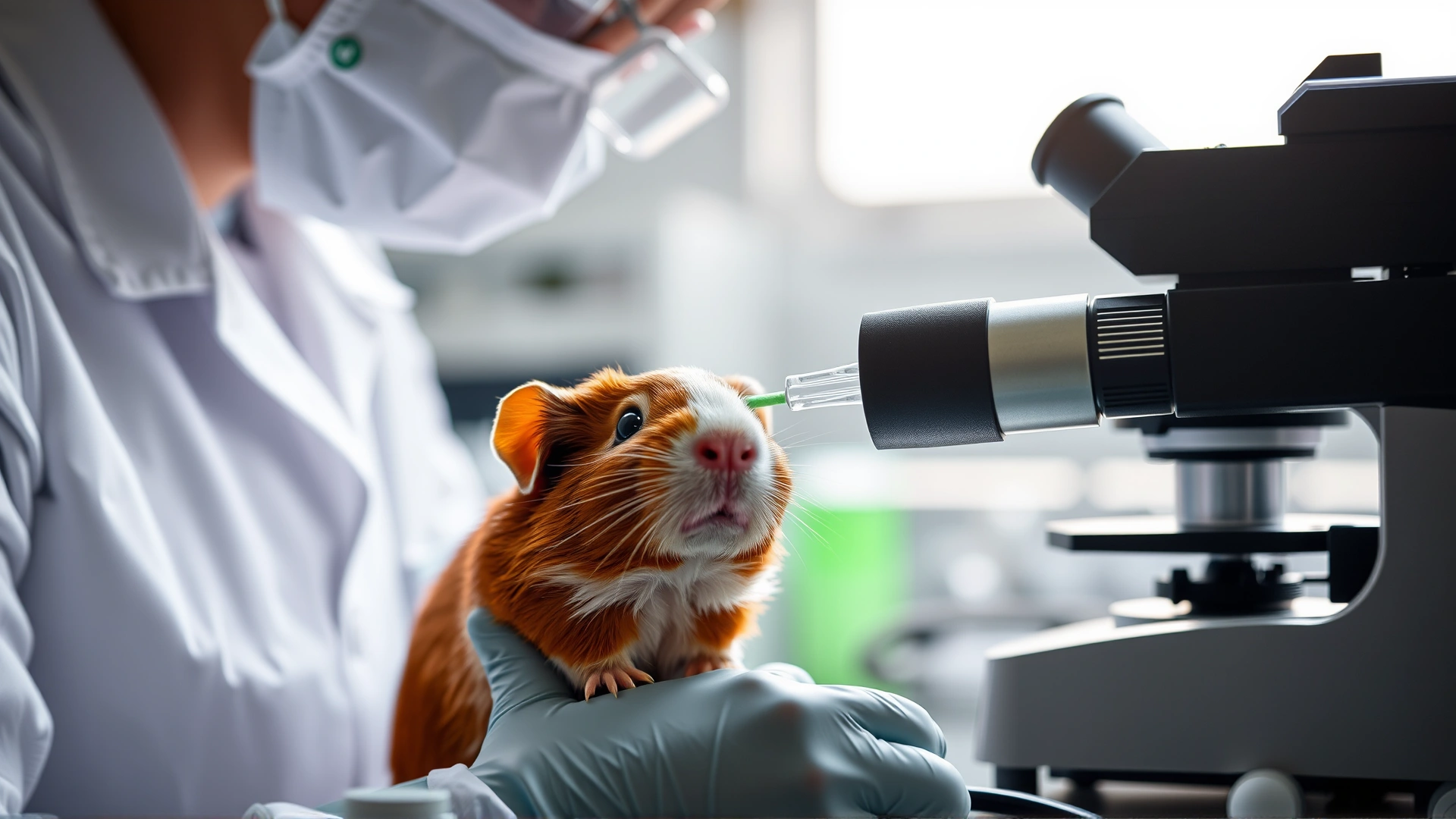 Veterinarian swabbing a guinea pig for lab testing, with medical instruments and microscope in soft focus background