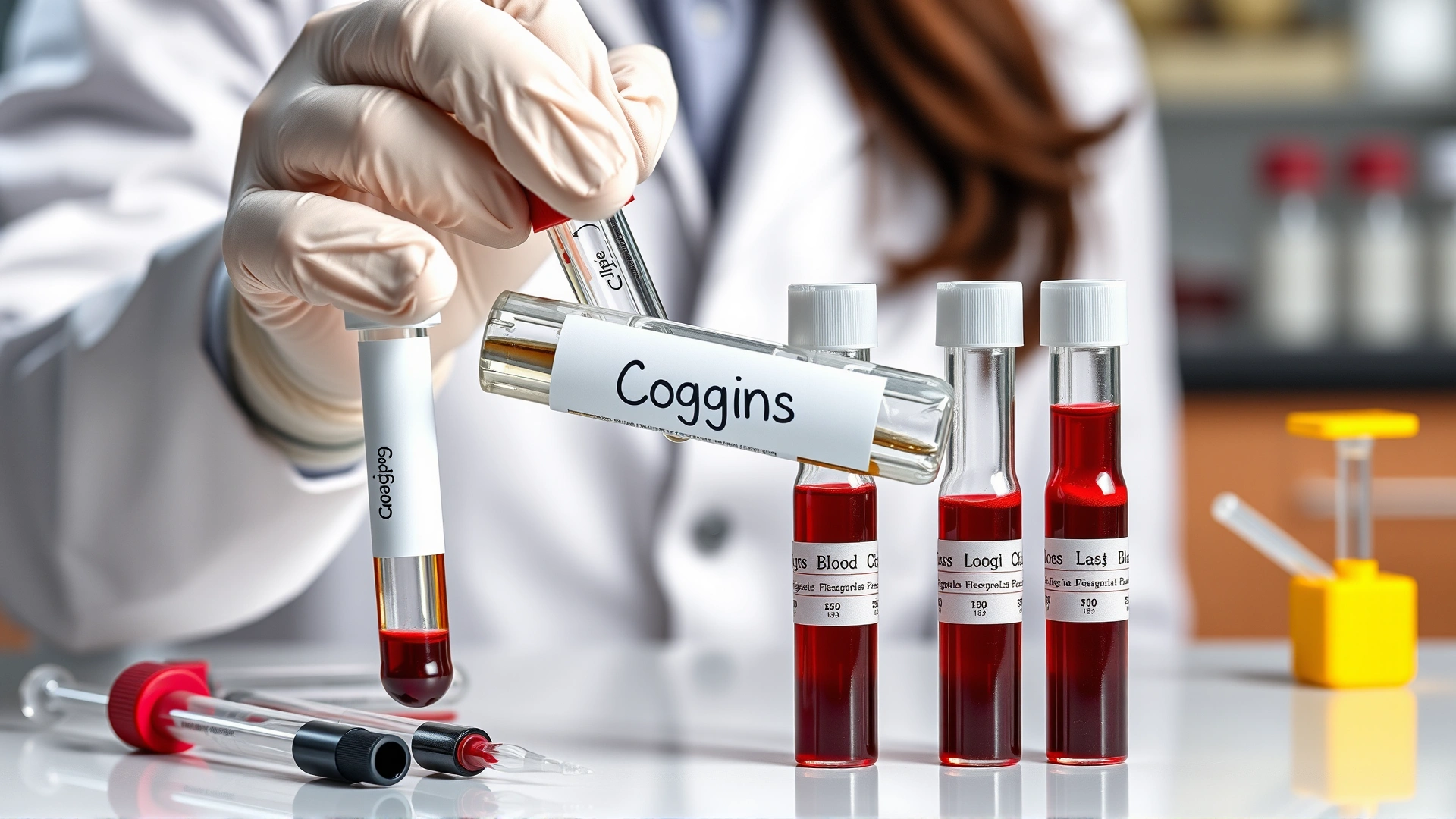 Laboratory technician in gloves holding a test tube labeled ‘Coggins’ with horse blood samples and pipettes on the table.