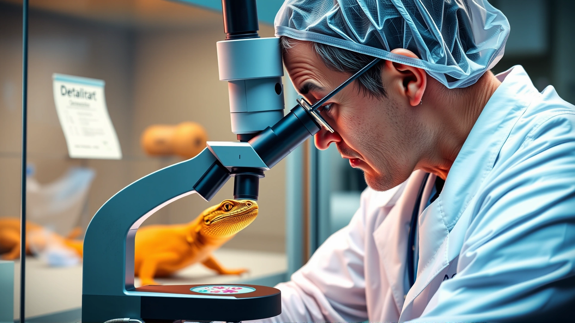 Veterinarian peering through a microscope with a fecal smear slide, reptile enclosure visible in the background, to illustrate laboratory diagnostics.