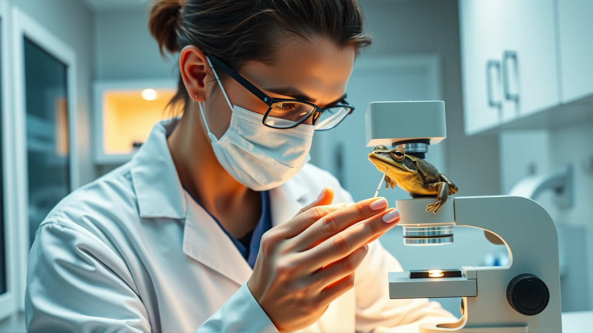 Veterinarian in lab coat examining a skin swab from a frog under a microscope in a well-lit clinic lab, modern medical setting, no text.