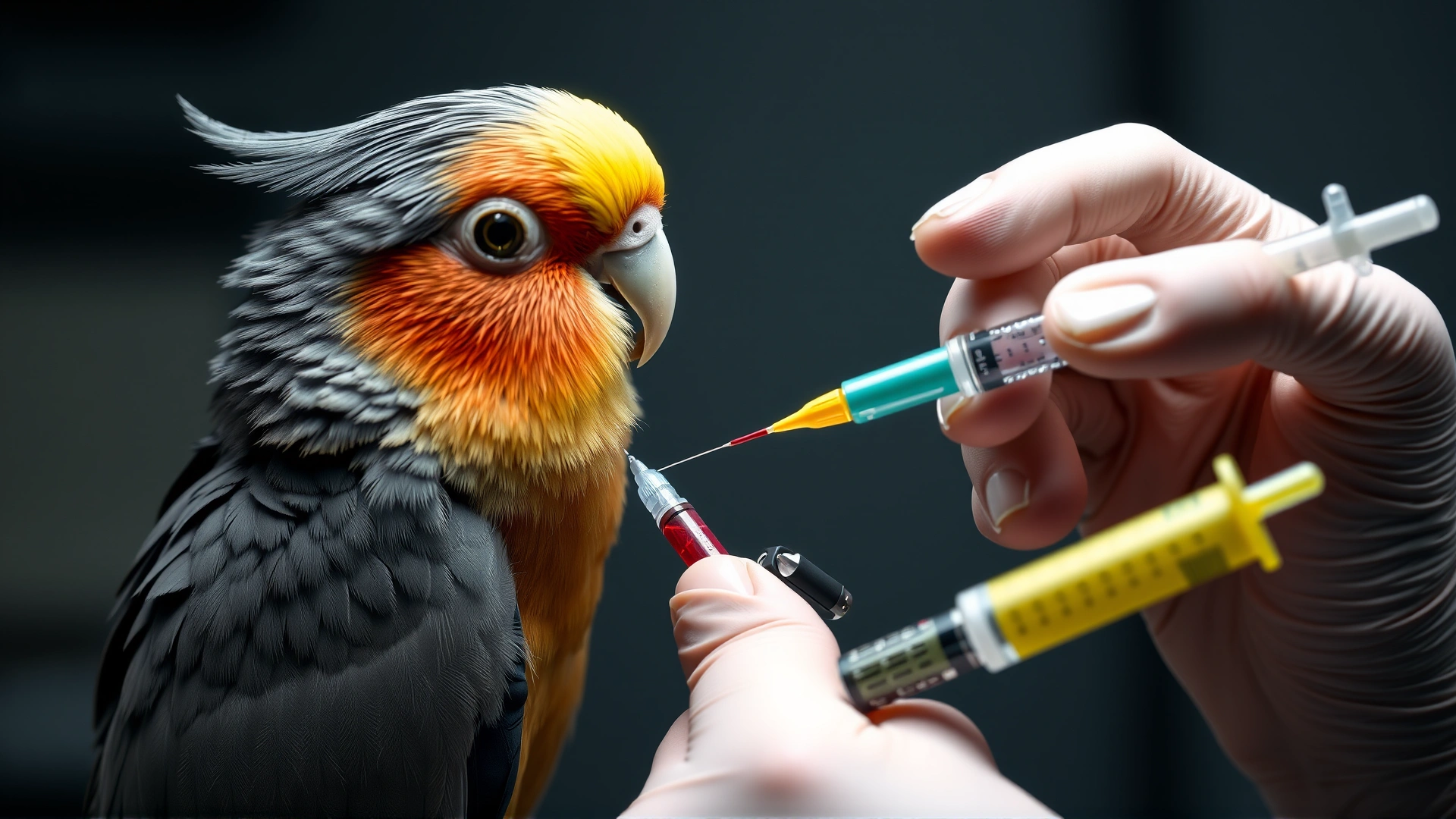 Avian veterinarian drawing a small blood sample from a cockatiel’s wing vein using a tiny syringe, clinical setting