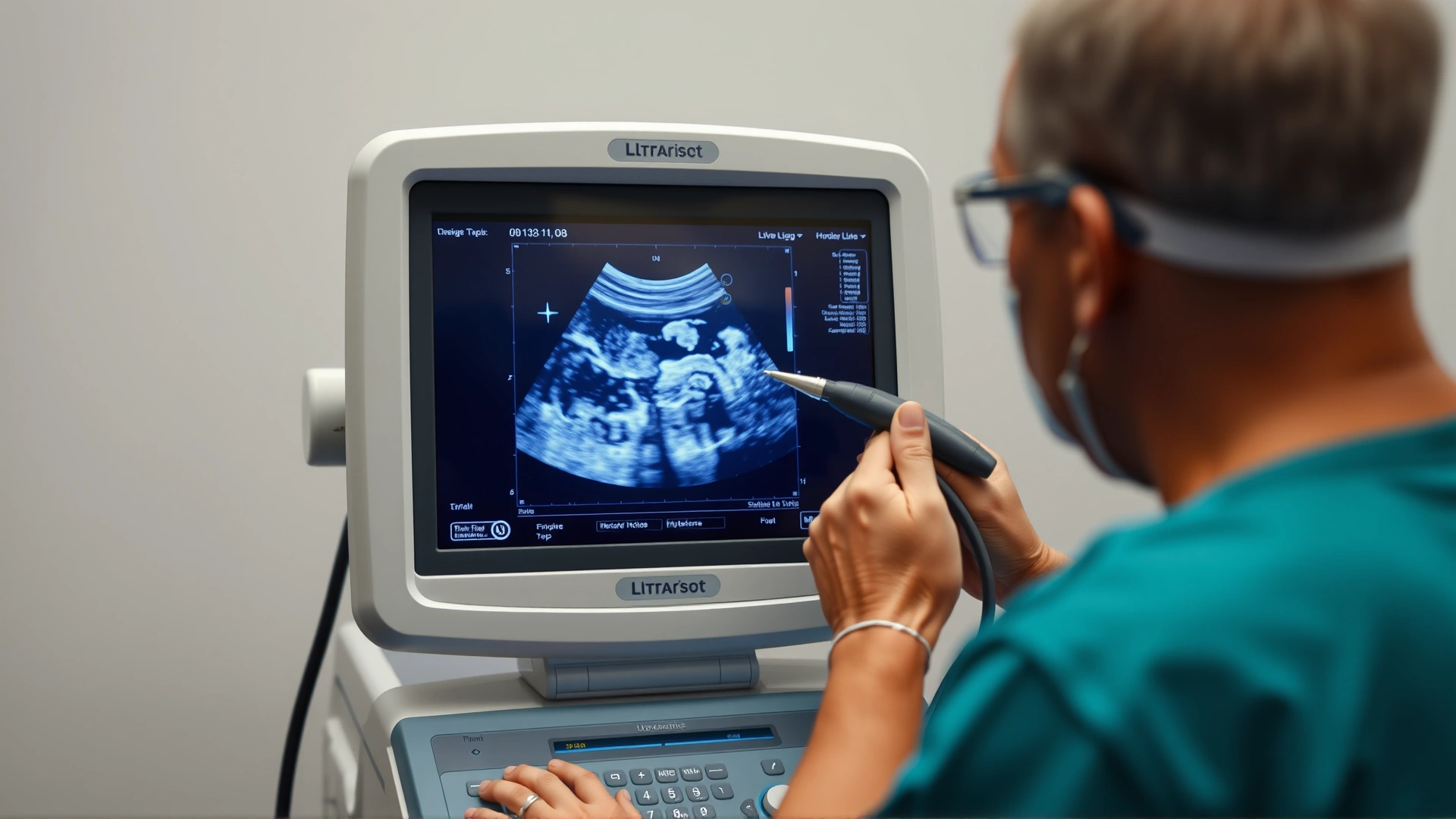Ultrasound machine screen displaying a vague grayscale image while a vet holds the probe against a horse's side (no readable text)