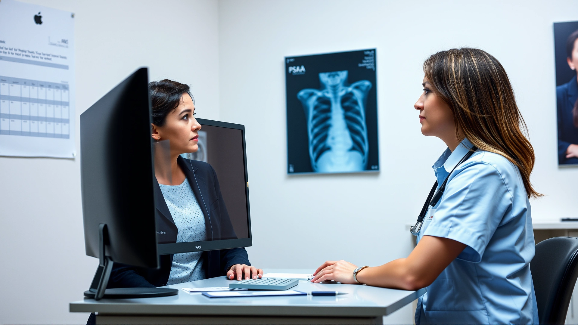 Female veterinarian analyzing a thoracic X-ray image on a computer screen while a concerned cat owner observes
