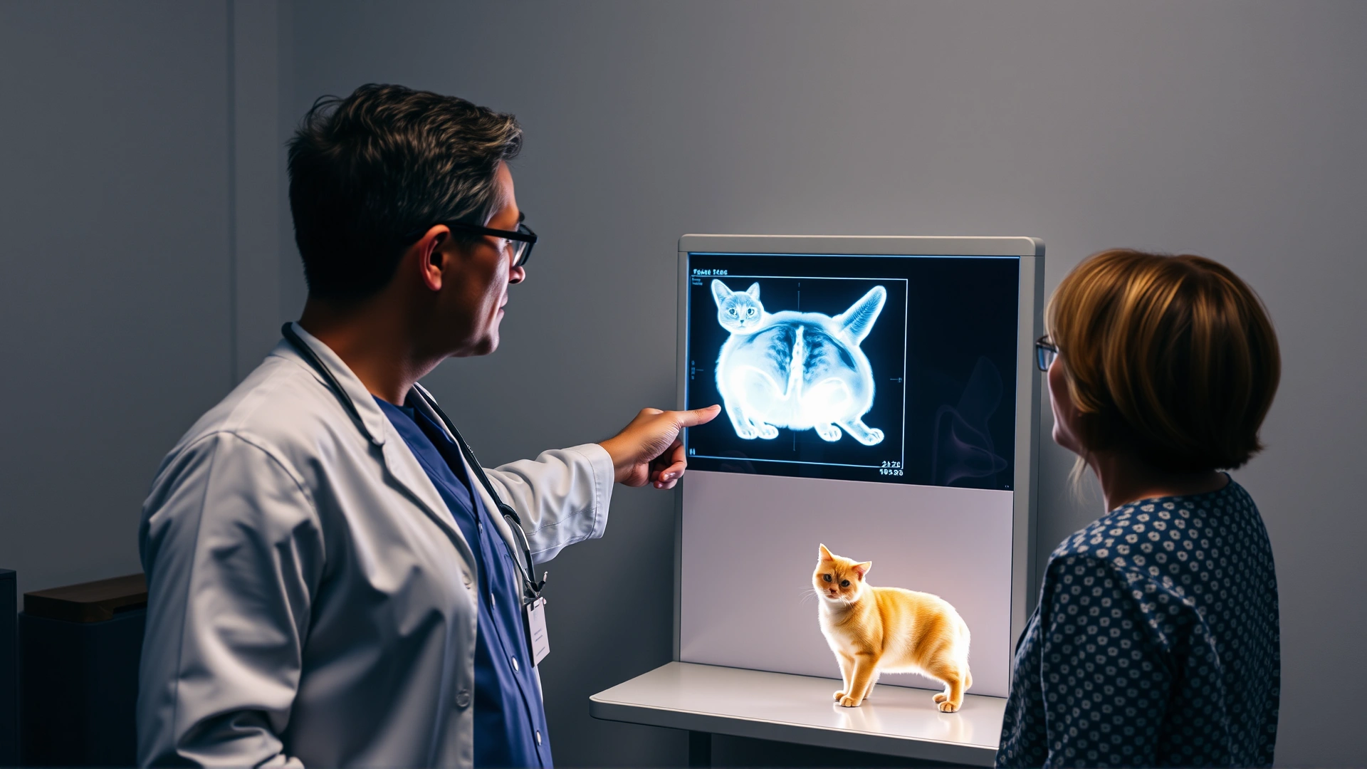 Veterinarian wearing scrubs standing beside an X-ray lightbox showing a cat’s abdominal radiograph, pointing at the image while a cat owner watches.