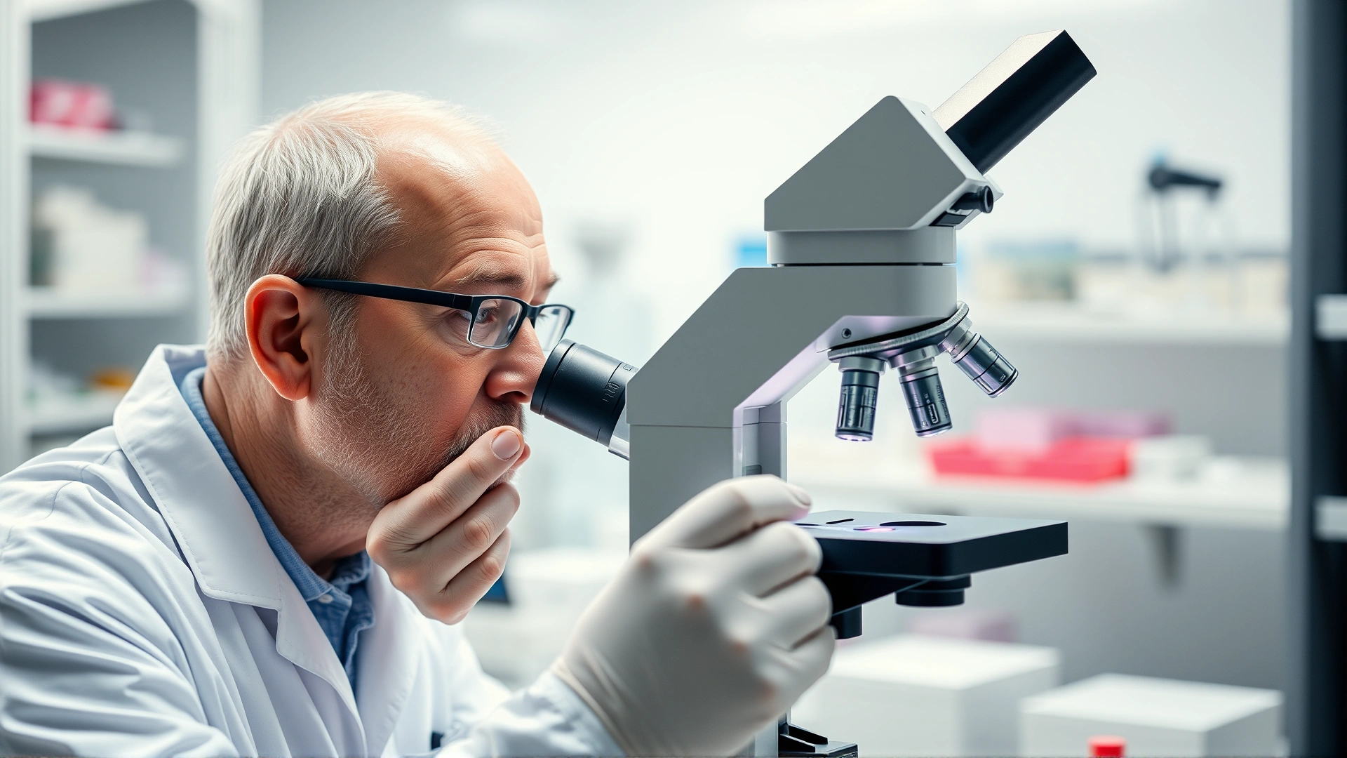 Lab technician examining gerbil tissue sample under microscope, laboratory background, bright lighting