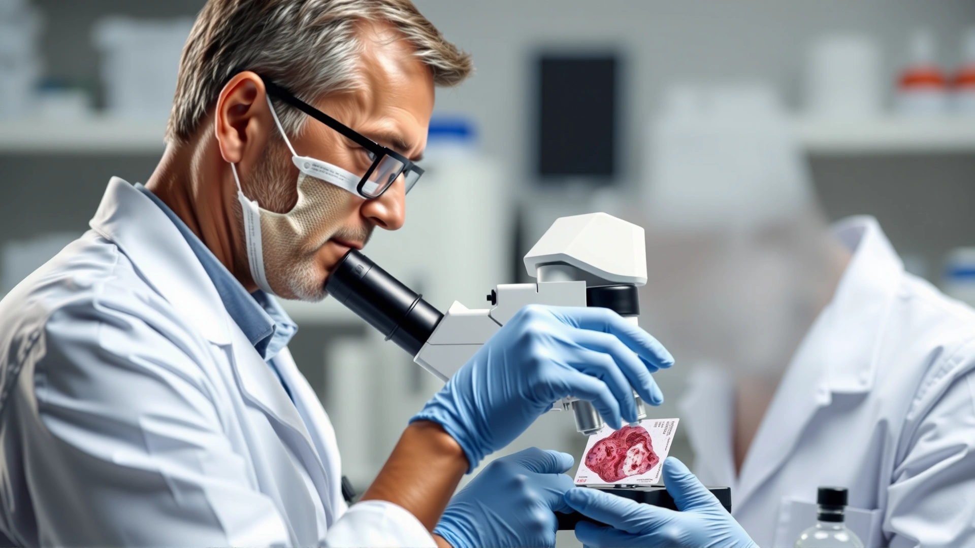 Veterinarian using a microscope to examine tissue samples with blurred lab equipment in the background